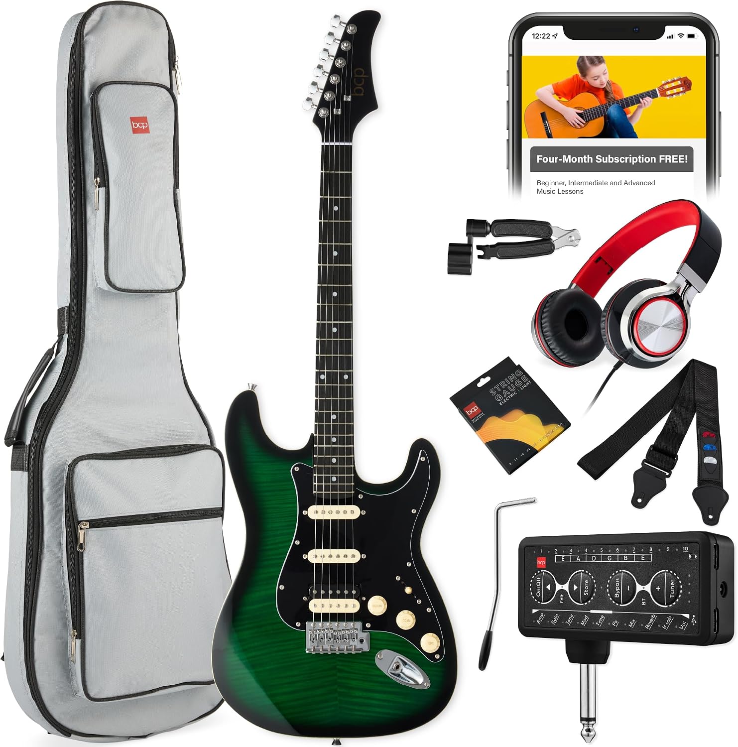 Best Choice Products Beginner HSS Electric Guitar Kit w/Headphone Amp, Padded Gig-Bag, Headphones, Guitar Strap - Green Flametop/Black