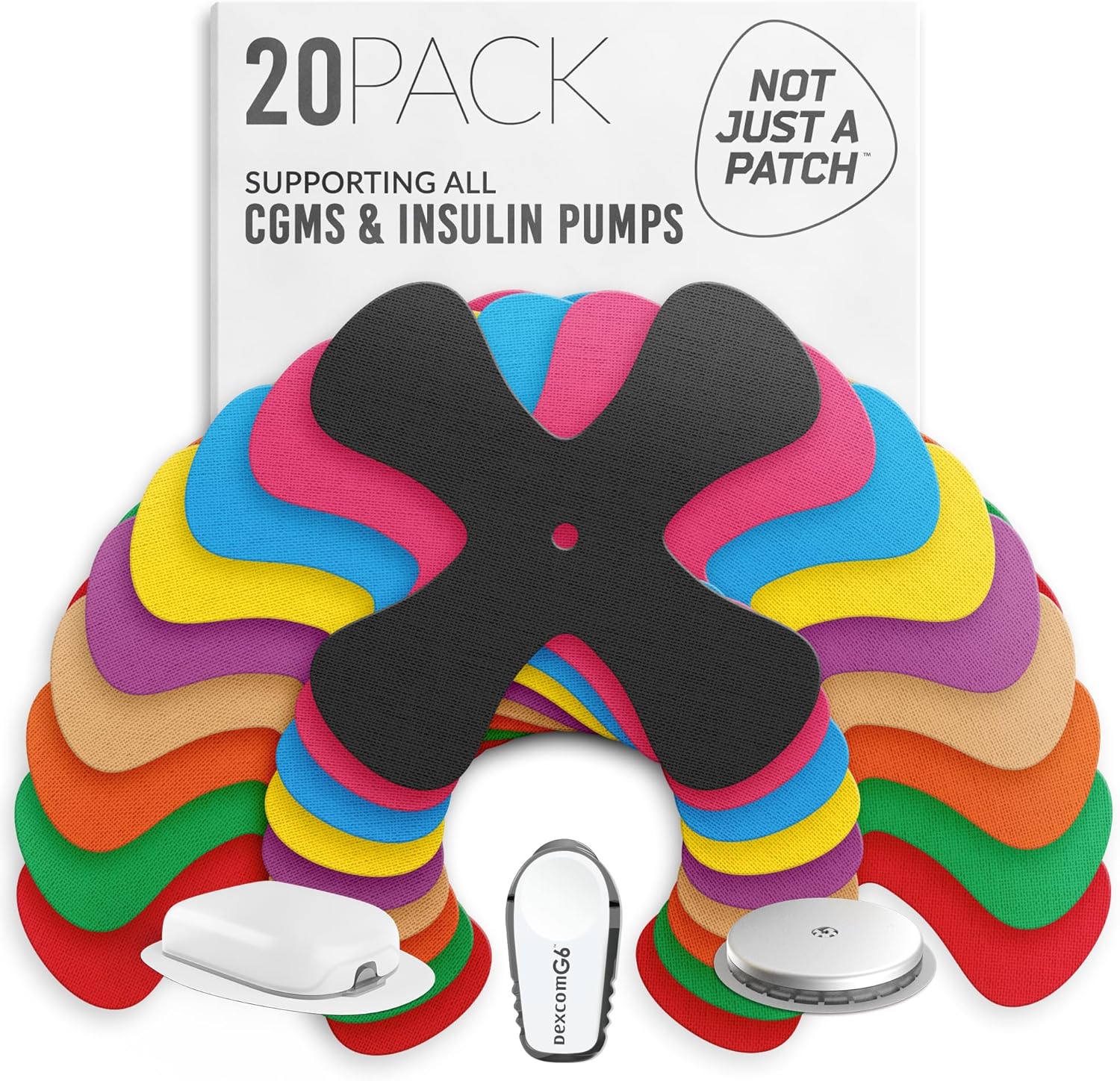 Not Just A Patch X-Patch CGM Sensor Patches (20 Pack) - Water Resistant Omnipod 5 Adhesive Patches - Durable for Active Lifestyle for 10-14 Days - Compatible with Dexcom G6, Libre 2 in Multi Color