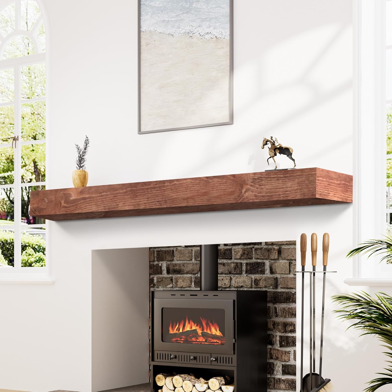 72 Inch Fireplace Mantel, Wall-Mounted Wood Mantel Shelf for Over Fireplace, Handcrafted Floating Mantel Shelf with Invisible Heavy Duty Bracket, 72 Inch, Walnut