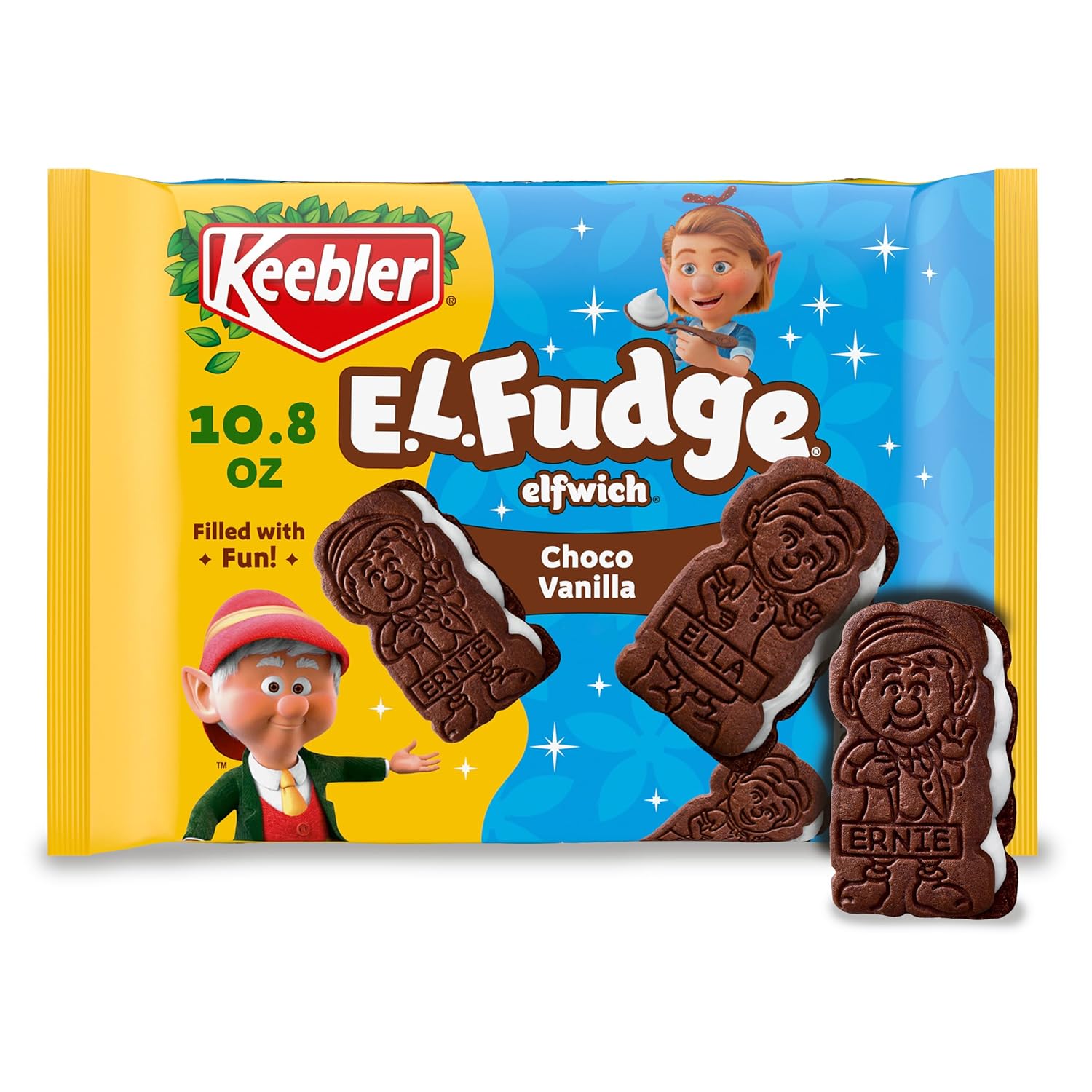 Keebler E.L. Fudge Elfwich Cookies, chocolate-y and vanilla flavor Sandwich Cookies, Fun Shaped Treat, 10.8 oz Pack