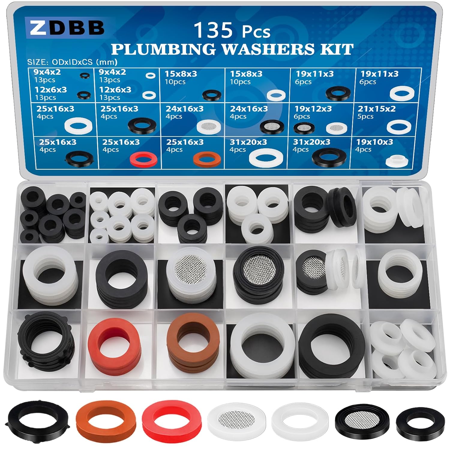 ZDBB 135 PCS Plumbing Rubber Washers Assorted Kit and Flat Silicone Gasket Assortment Set with Screen Filter for Faucet Shower Head Washers Garden Hose O Ring Hot Water Pipe Seals Replace