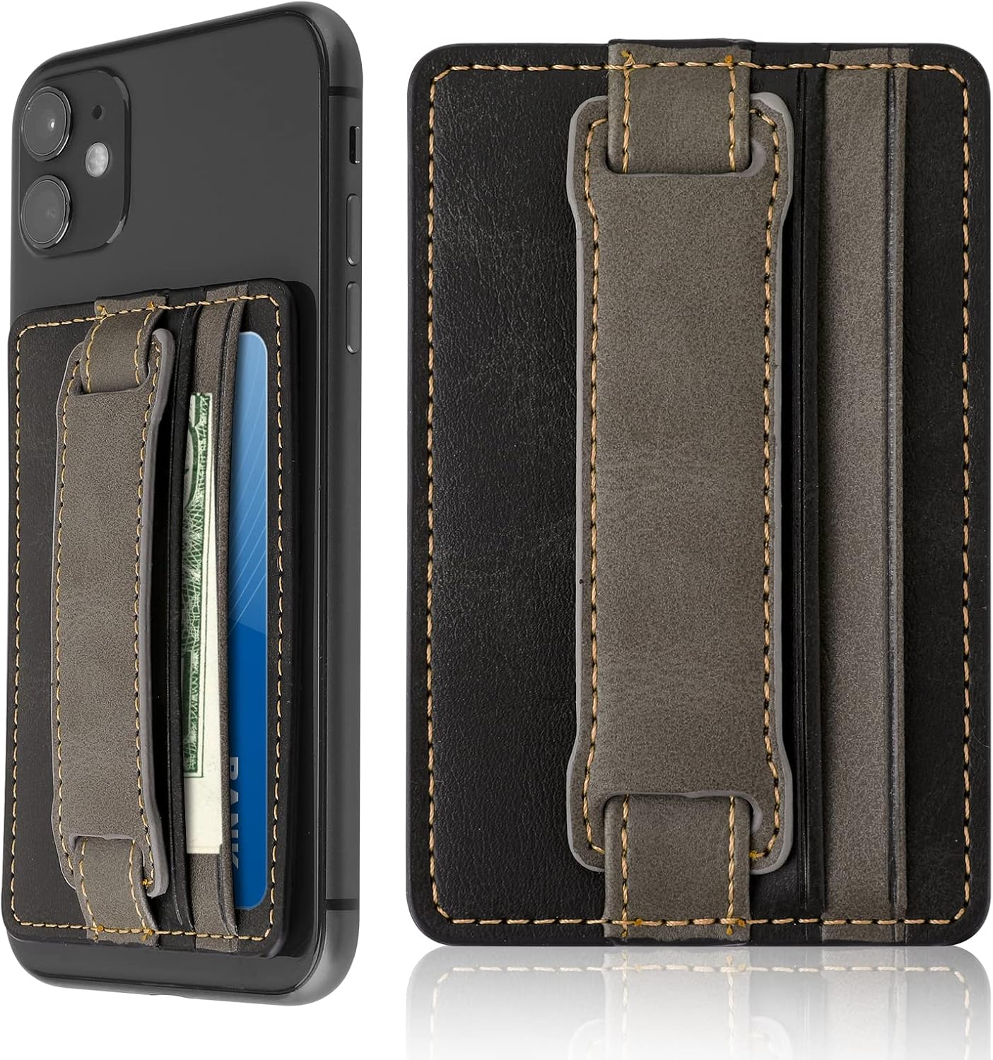 Cobee Cell Phone Card Holder Pouch Self-Adhesive Phone Kickstand with Elastic Band Stick on Wallet Card Holder for Back of Phone Case Leather ID Card Holder Sleeve Pouch (Black)