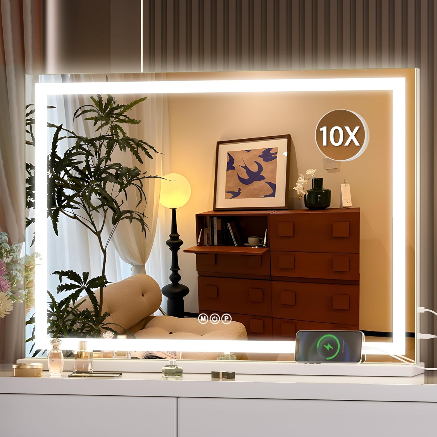 Hasipu Vanity Mirror with Lights, 70 x 50cm LED Makeup Mirror, Lighted Makeup Mirrors with Dimmable 3 Modes, Touch Screen Control Vanity Mirrors Square White