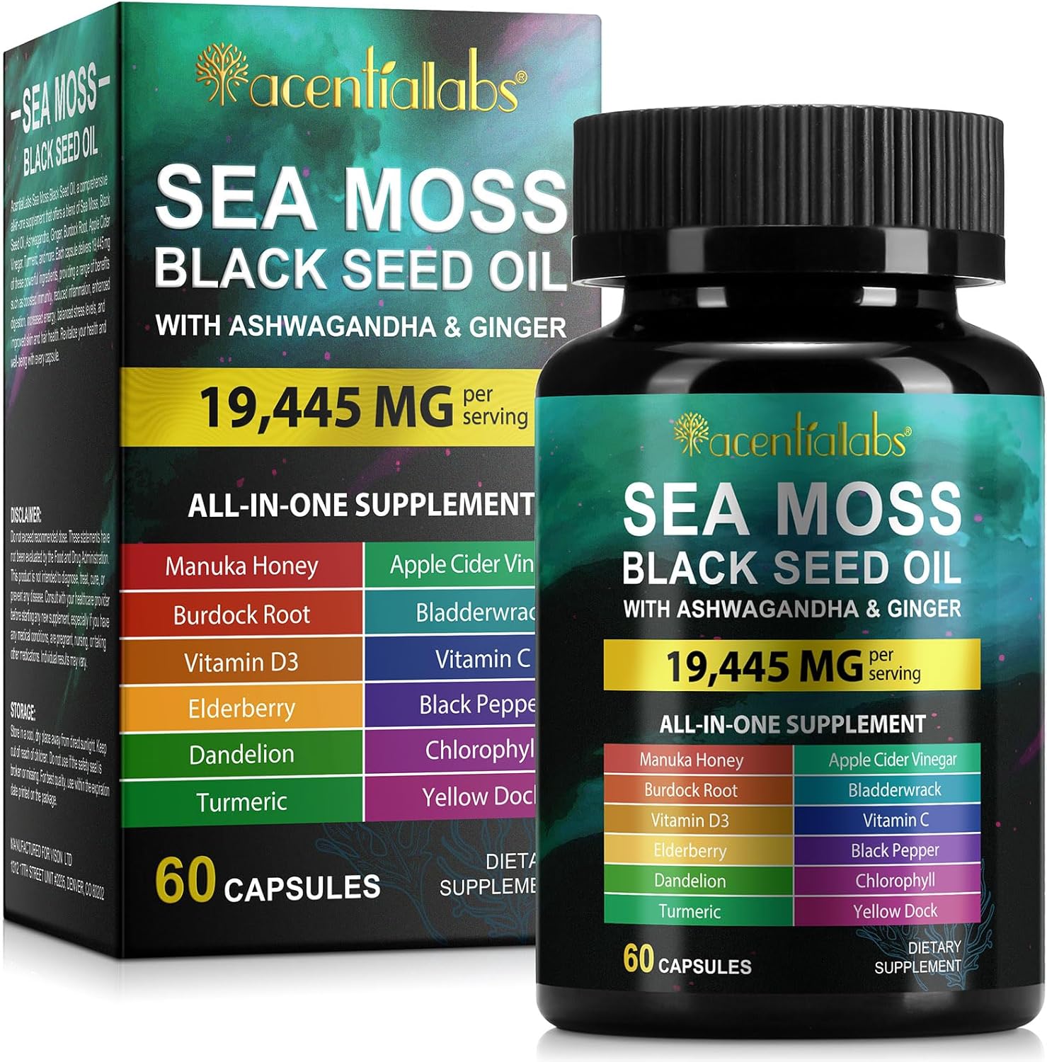 Sea Moss Black Seed Oil Ashwagandha Ginger, Sea Moss Capsules with Black Seed Oil, Ashwagandha, Bladderwrack, Turmeric, Moring, Burdock Root for Immune, Energy Support, Skin, Hair (1)