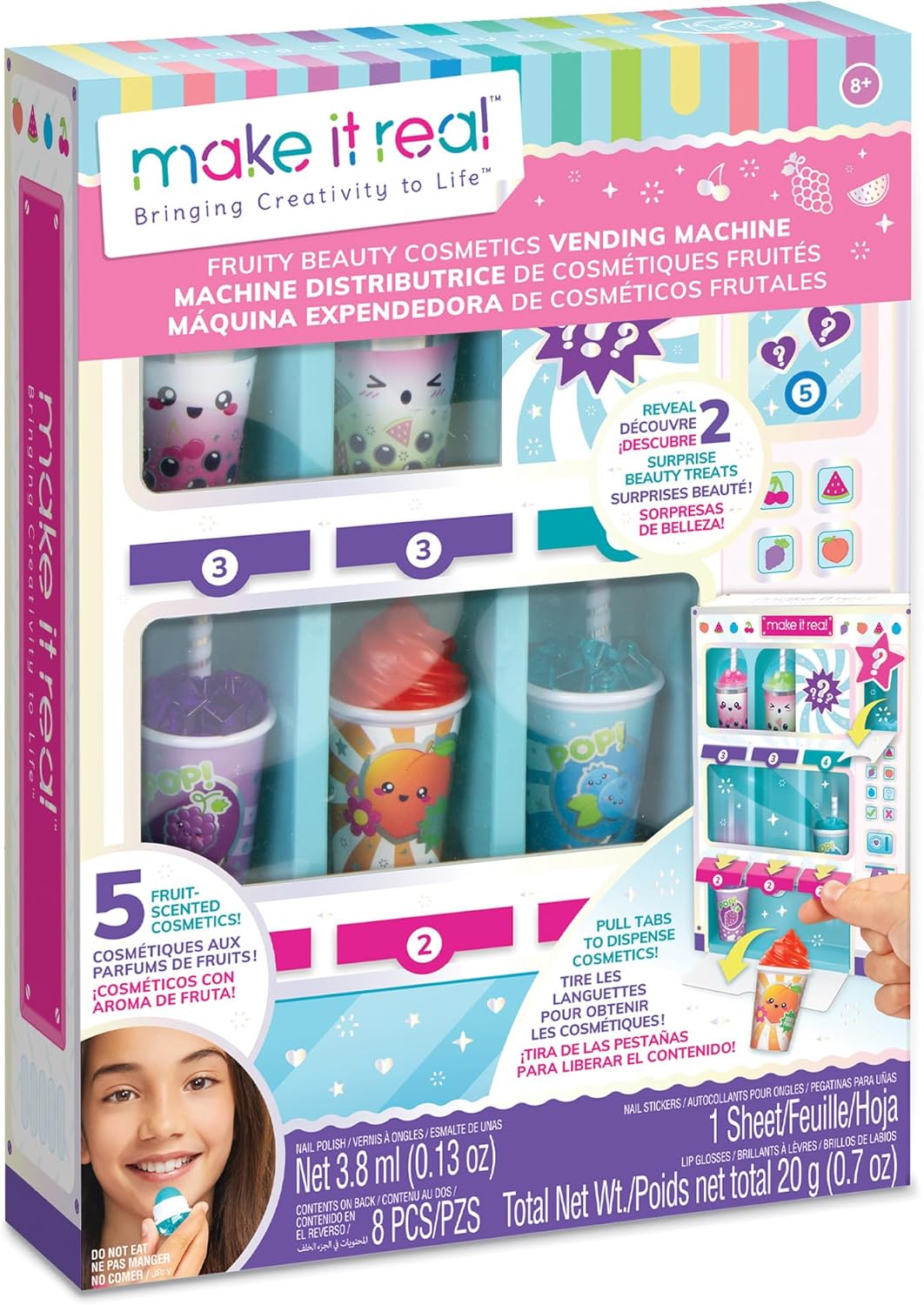 Make It Real: Fruity Beauty Cosmetics Vending Machine - Dispense 5 Fruit Scented Lip Glosses, Surprise Nail Polish & Nail Stickers, Girls Kids Ages 8+