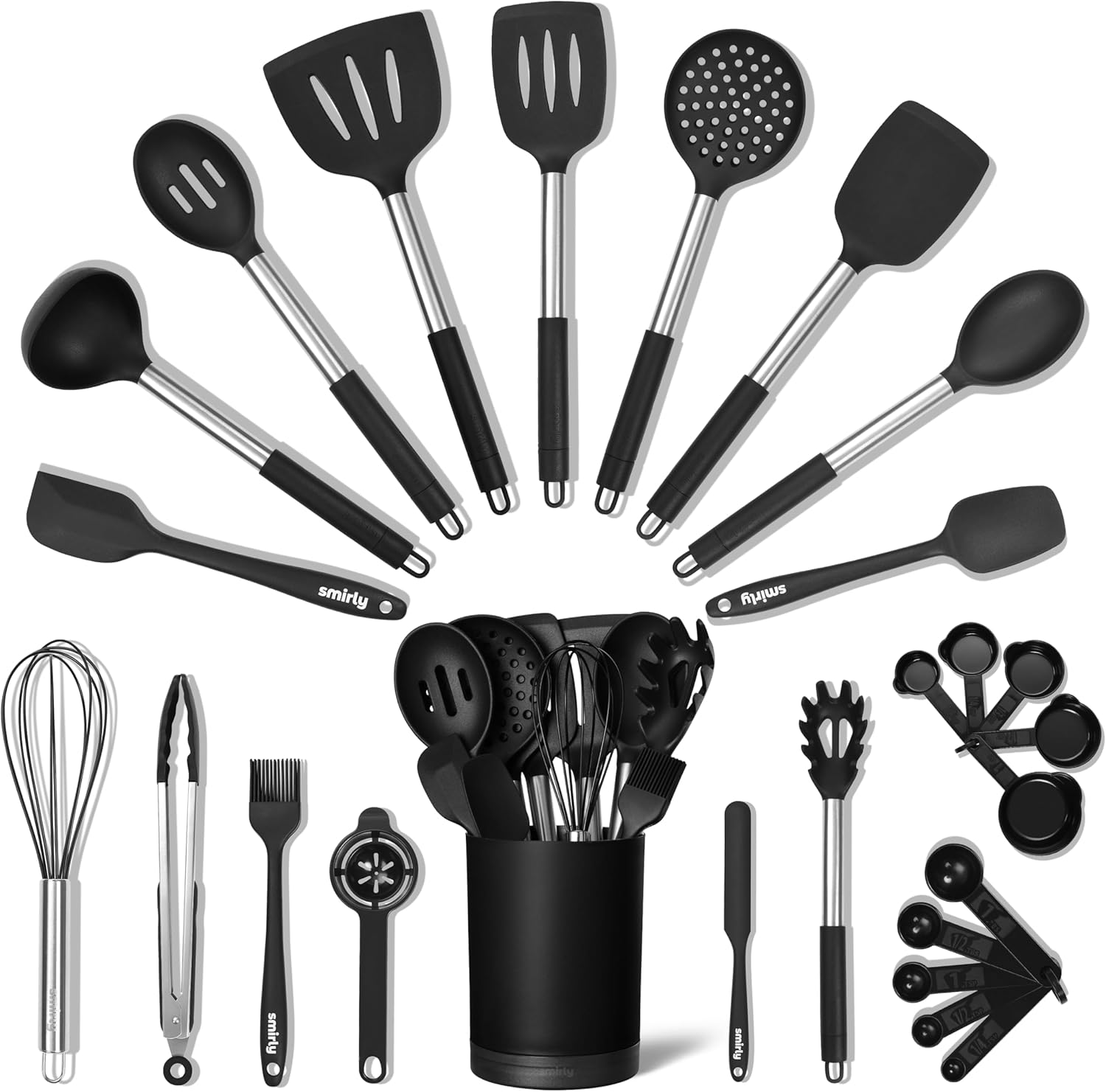 SMIRLY Kitchen Utensils Set – 26-Piece Silicone Cooking Utensils Set, Spatula Set with Holder, Stainless Steel Handle Silicone Kitchen Gadgets for Nonstick Cookware