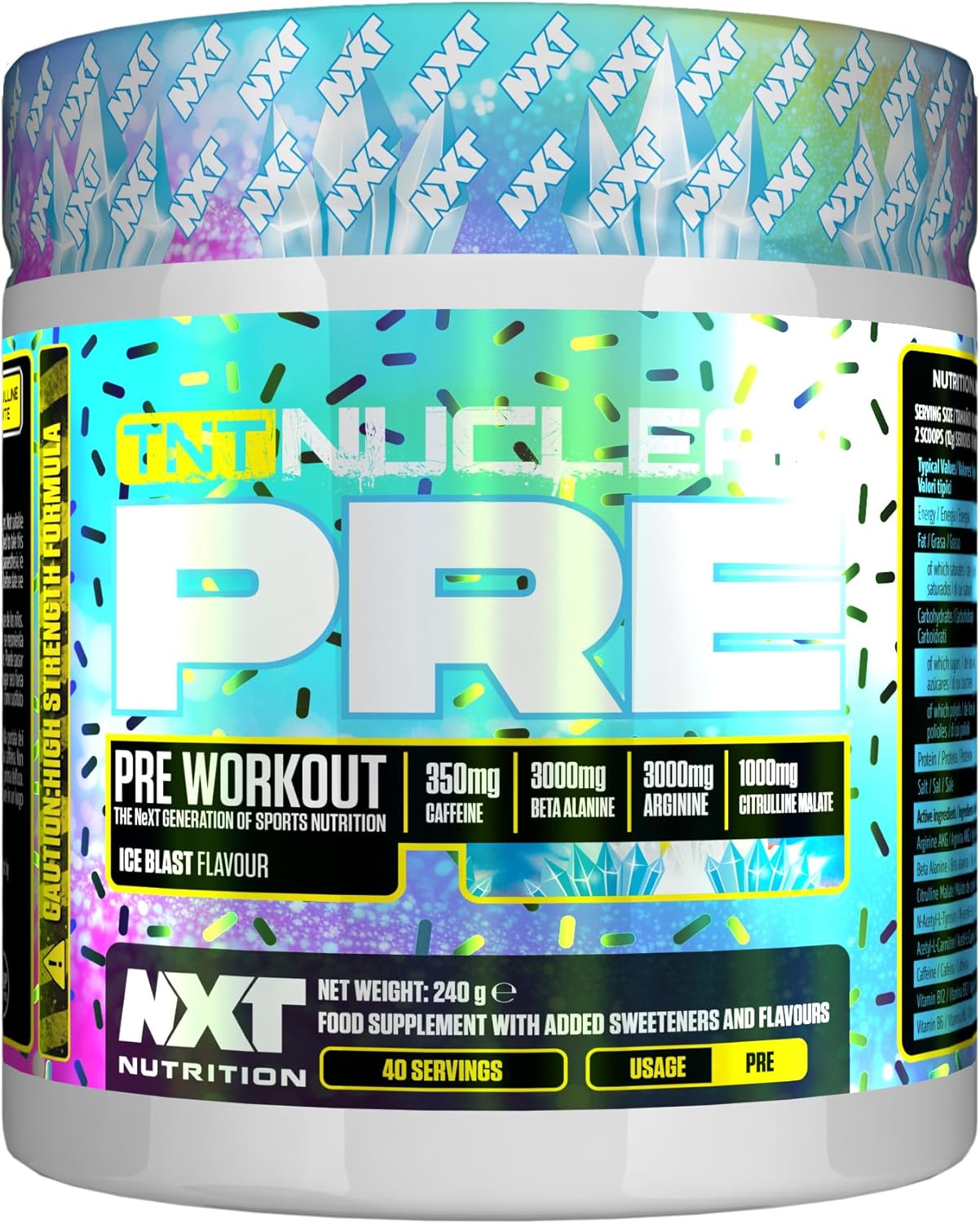 NXT Nutrition TNT Nuclear Pre Workout – Pre Work Out Energy Drink| L-Citrulline, Beta Alanine, Caffeine for Pump, Endurance & Focus - 40 Servings Mixed Candy, Vegan | Glitter | Ice Blast