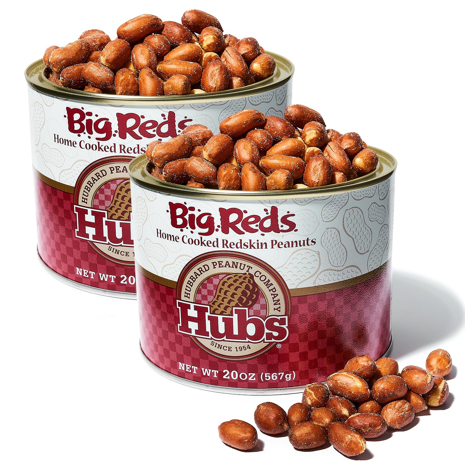 Hubs Peanuts Big Reds - Premium Virginia Nuts with Red Skins - Freshly Home Cooked Salted Flavor - Healthy Snacking, Nutrient-Rich, Vegan and Keto Friendly - Reusable Vacuum-Sealed Tin, 2 Packs of 20 oz Cans