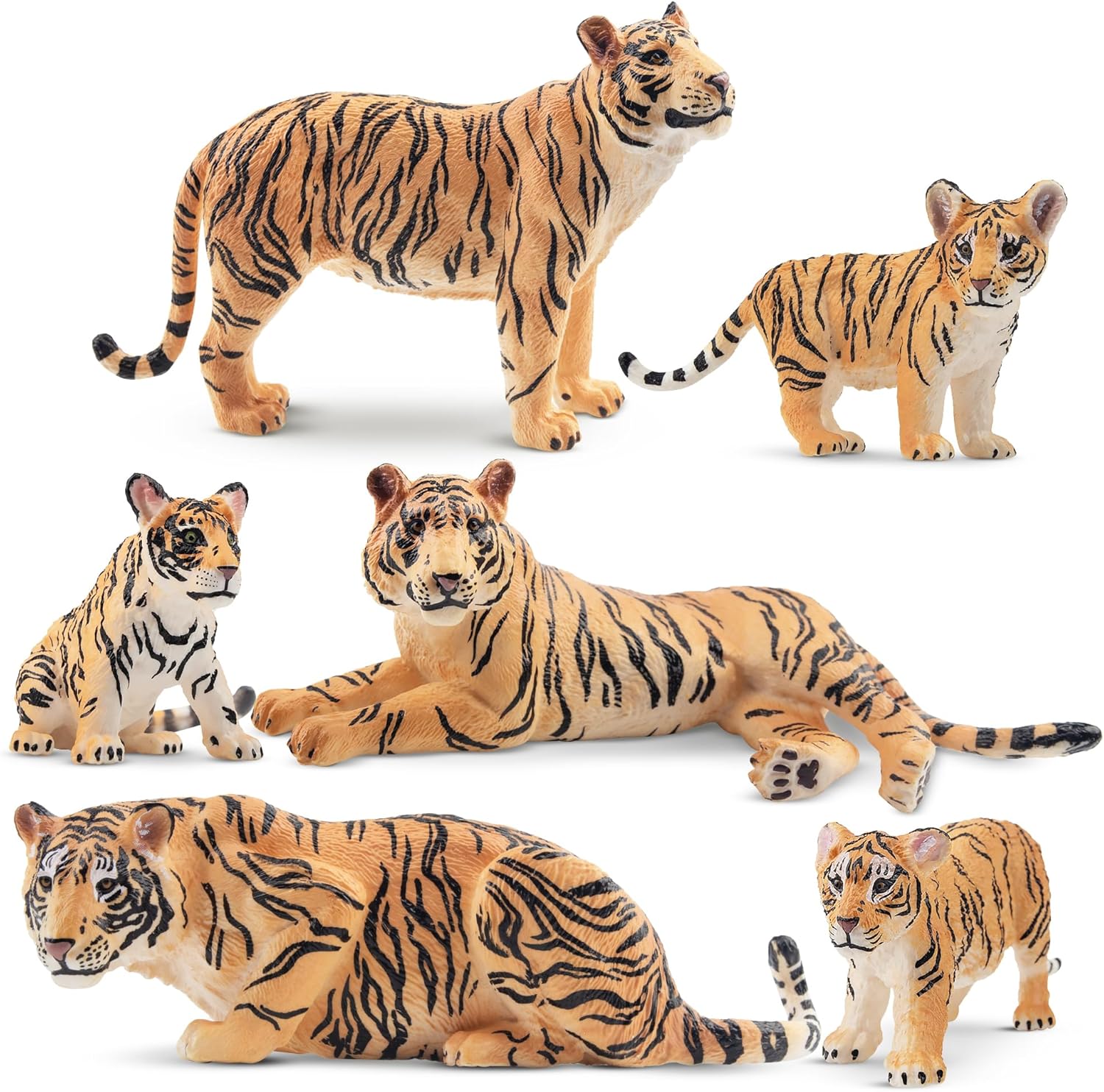 Toymany 6PCS Realistic Tigers Figurines with Tiger Cubs, 2-6" Jungle Animals Figures Family Set, Educational Toy Cake Toppers Christmas Birthday Gift for Kids Toddlers