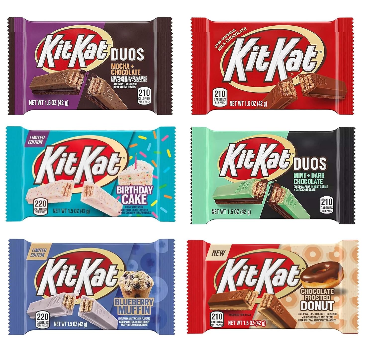 Hershey's KitKat 6 Bars Variety Assortment Mix Bundle Pack Chocolate Candy Singles - Milk - Dark- Mint - Mocha - Strawberry - Blueberry Muffin, 1.5 ounces