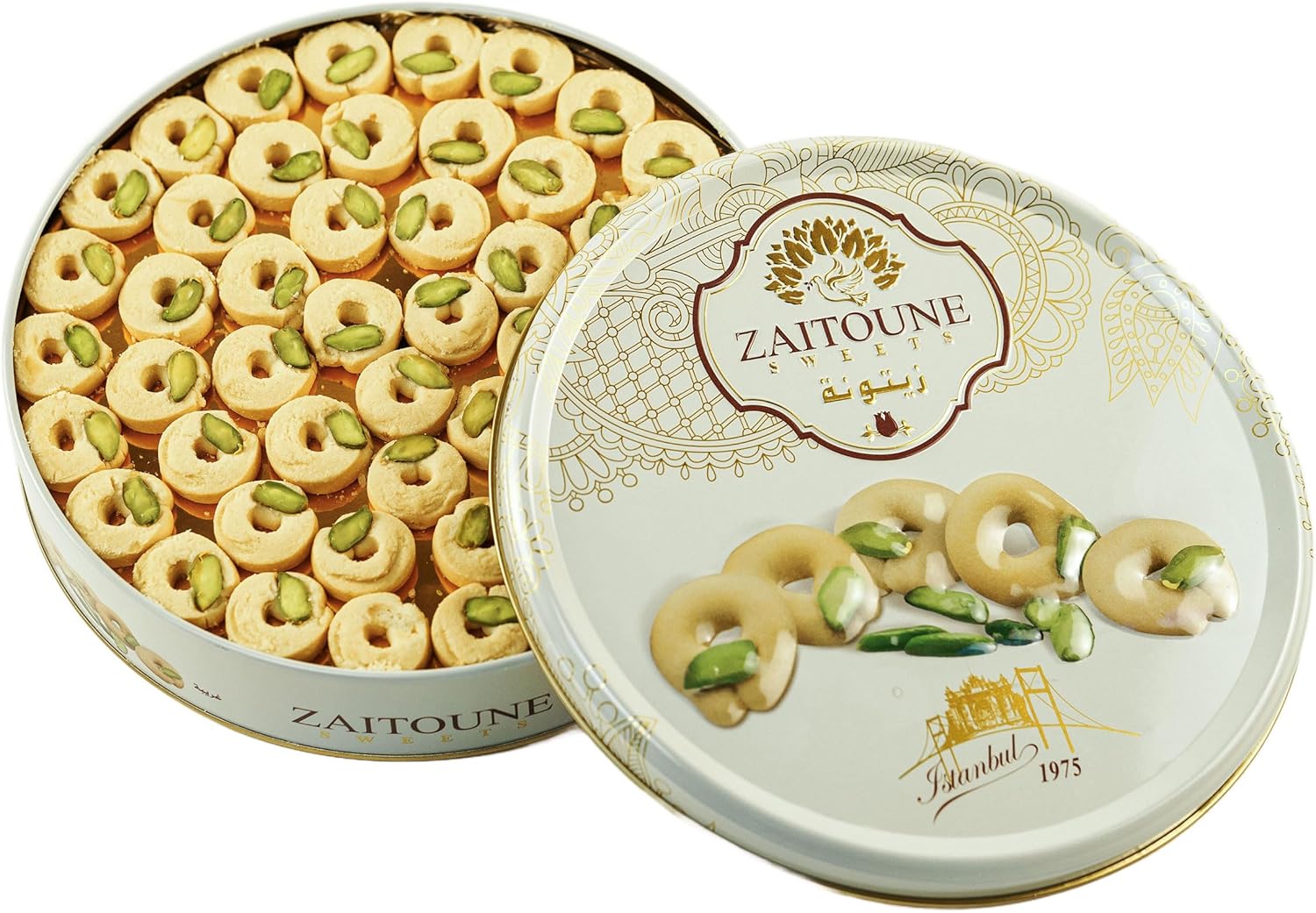 Zaitoune Ghraybeh Cookies - 500 g | Luxury Traditional Middle Eastern Pistachio Shortbreads Handcrafted in Turkey | Beautiful Reusable Gift Tin | Perfect for Dessert | Great Ramadan Sharing Present