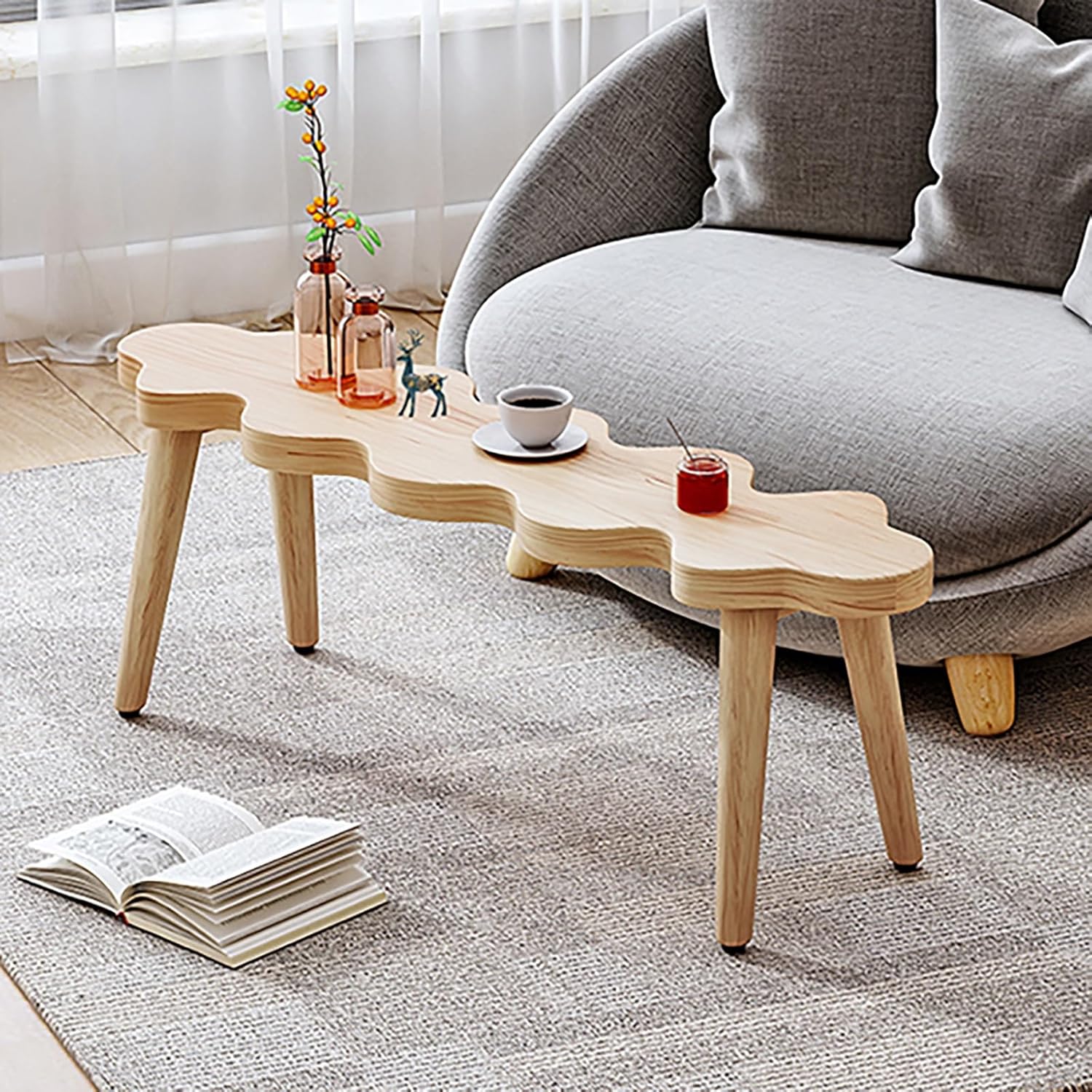 Solid Wood Entryway Bench, Rustic Entryway Wave Shape Shoe Bench，Wood Kitchen Entryway Bench with Armless Design, Solid Wood Colorful Bench for Hallway, Bedroom, Living Room(Natural)