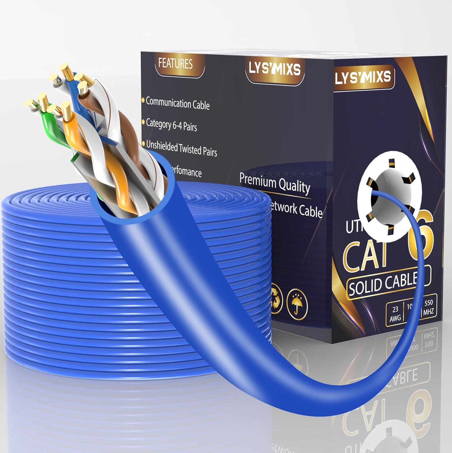 Cat6 Ethernet Cable 1000FT Channel Test Pass, Cat6 1000ft Ethernet Cable 23AWG Solid CCA, Cat6 Cable 550MHZ 10G with Easy Pull Box Blue