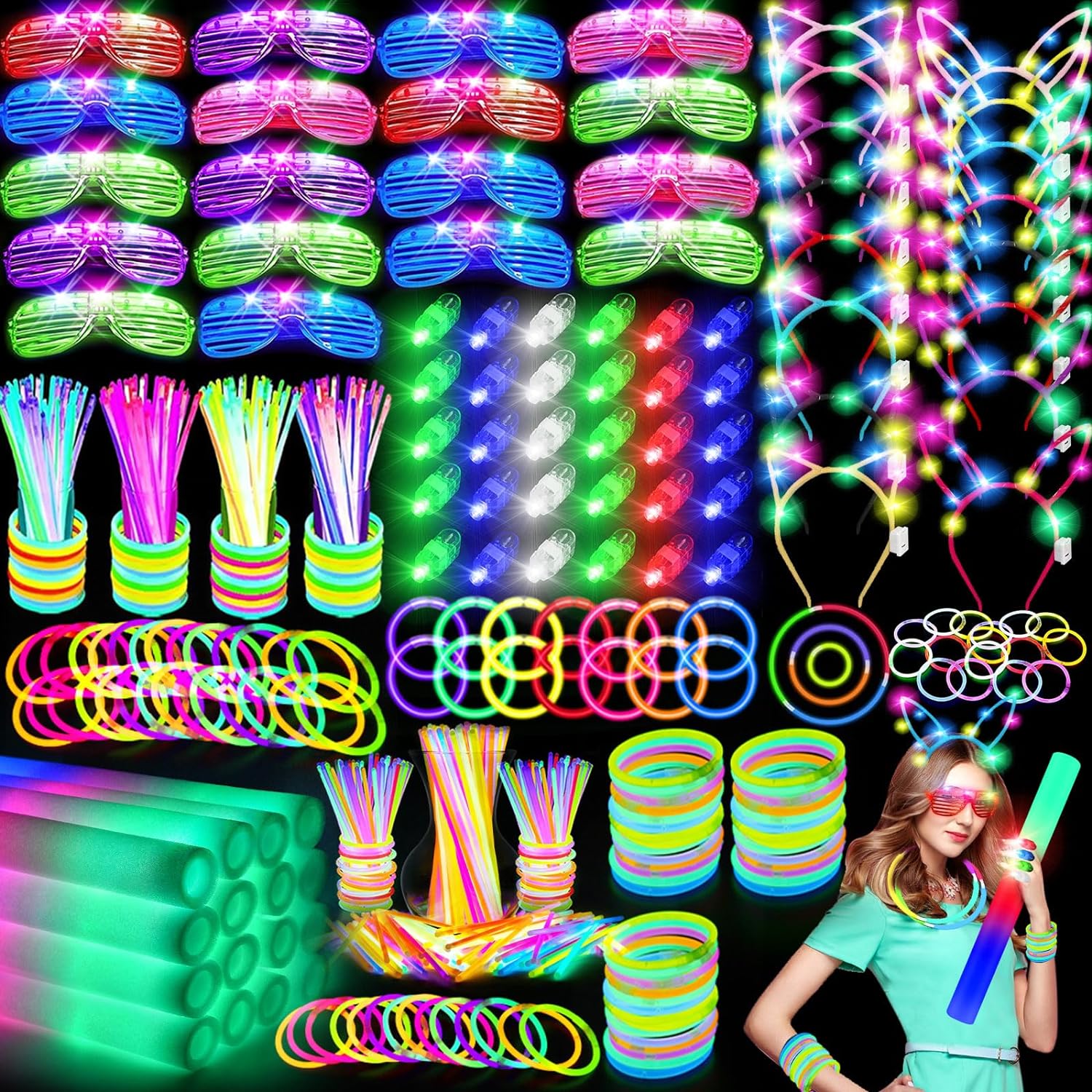 282 PCS Glow in the Dark Party Supplies, 18 Foam Sticks, 18 LED Glasses, 200 Glow Sticks, 30 Finger Lights, 8 Bunny Ear Headband and 8 LED Cat Ear Headband for Wedding,Birthday,Concert,New Year