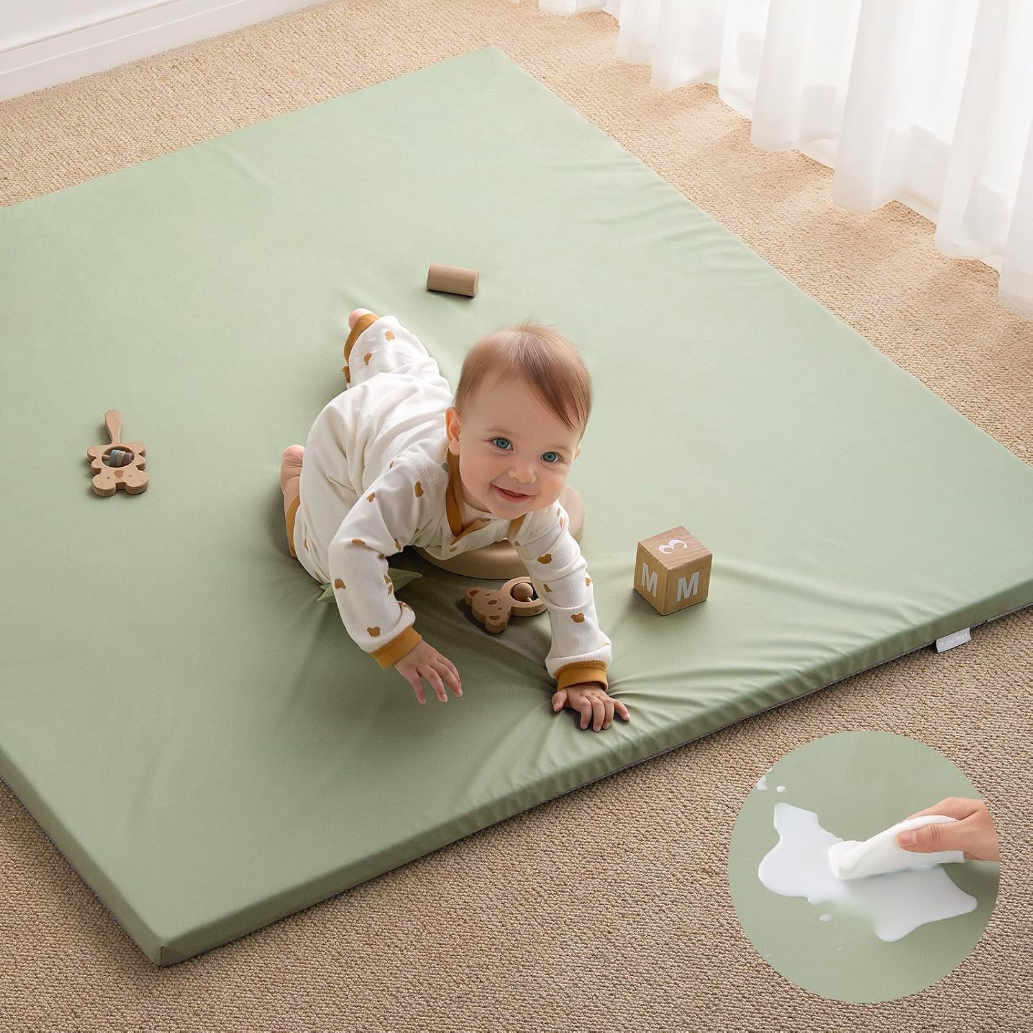 Blissful Diary Vegan Leather Baby Play Mat, 50''x50'', Light Green
