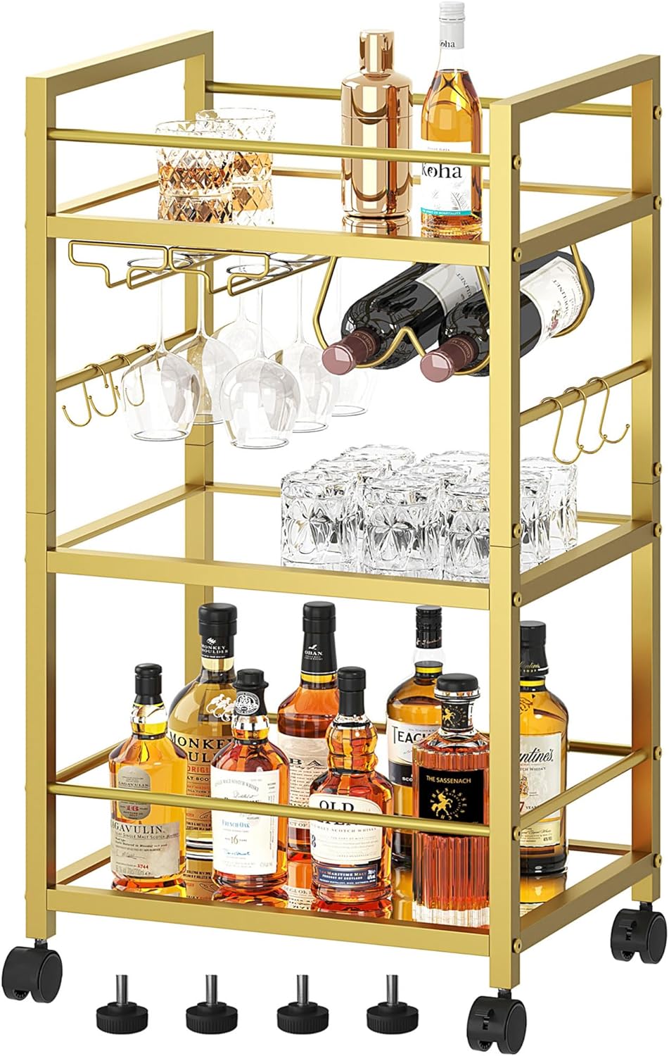 Bar Cart, Serving Cart for Home, Microwave Cart, Drink Cart, Mobile Kitchen Shelf with Wine Rack and Glass Holder, Rolling Beverage Cart for Dining Room, Gold
