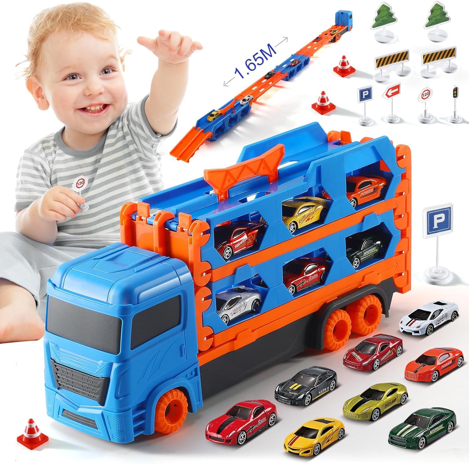 Transport Truck Toy Cars Set ,Best Gift for Kids,Boys and Girls Aged 3 4 5 6 with Race Cars and road signs, Folding Storage, 2 Ejection Race Track, Carrier Vehicles Toys