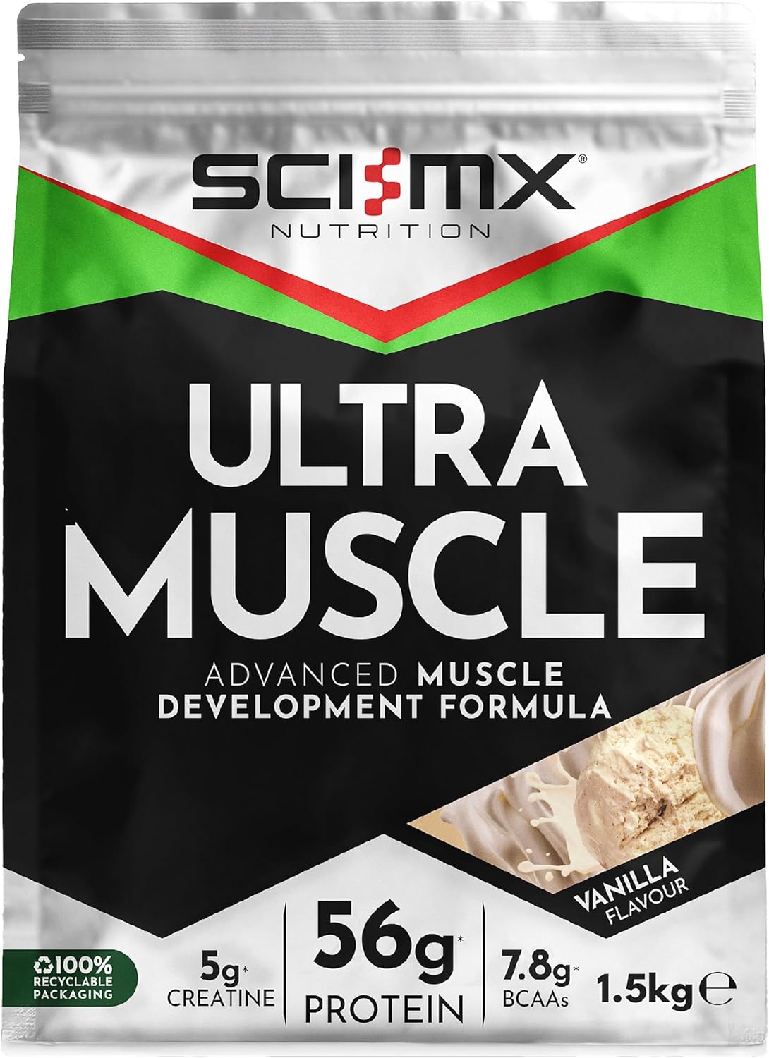 SCI-MX Ultra Muscle - Protein Powder for Muscle Development + 23 Vitamins & Minerals - Vanilla • 56g Protein + 5g Creatine + 7.8g BCAAs per Serving • 1.5kg