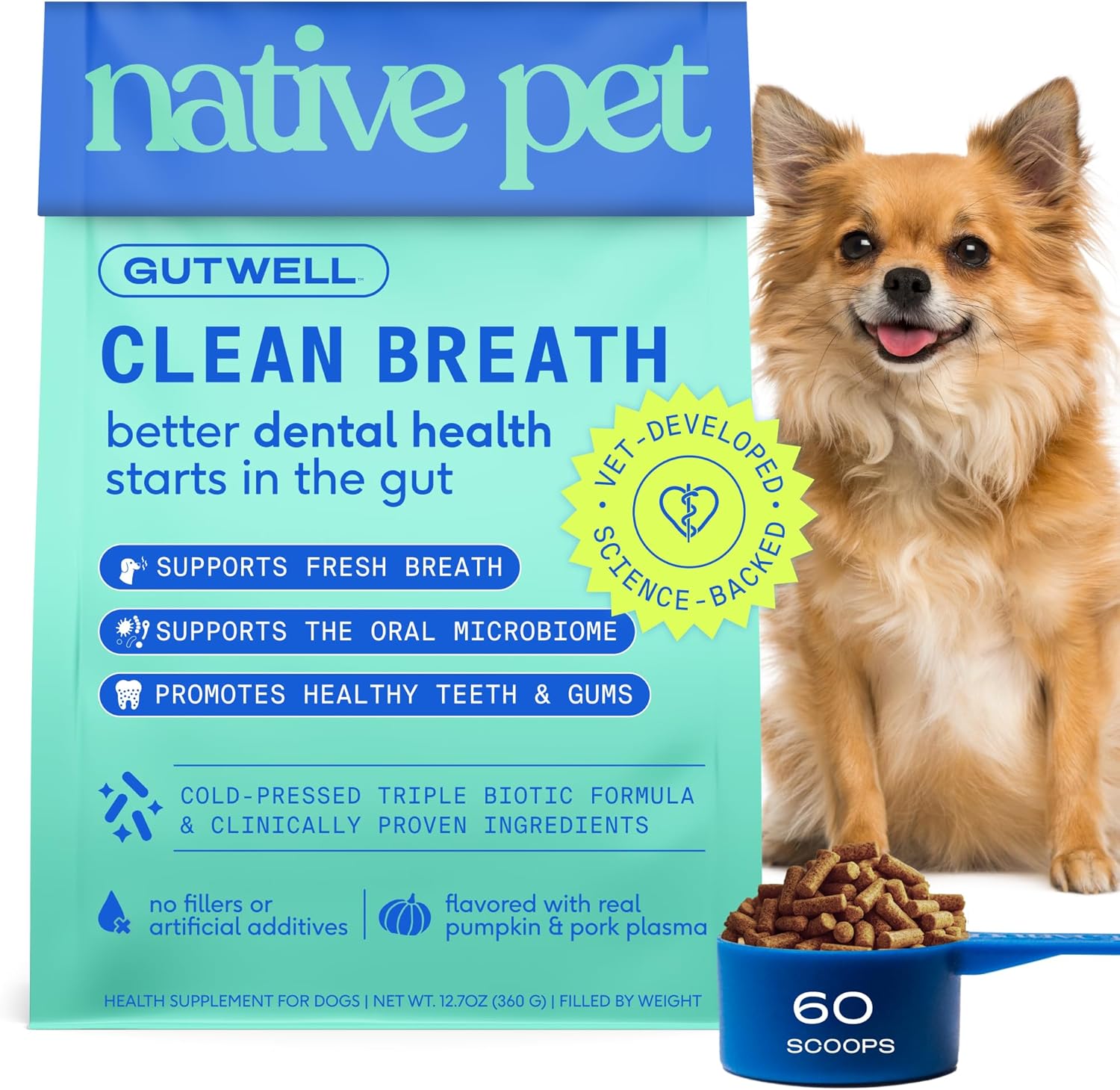 GutWell Clean Breath - Dog Breath Freshener & Dental Care Food Topper - Dog Teeth Cleaning to Reduce Plaque & Tartar - Promotes Fresh Breath with Targeted Triple-biotic Oral Care Blend - 60 Scoops