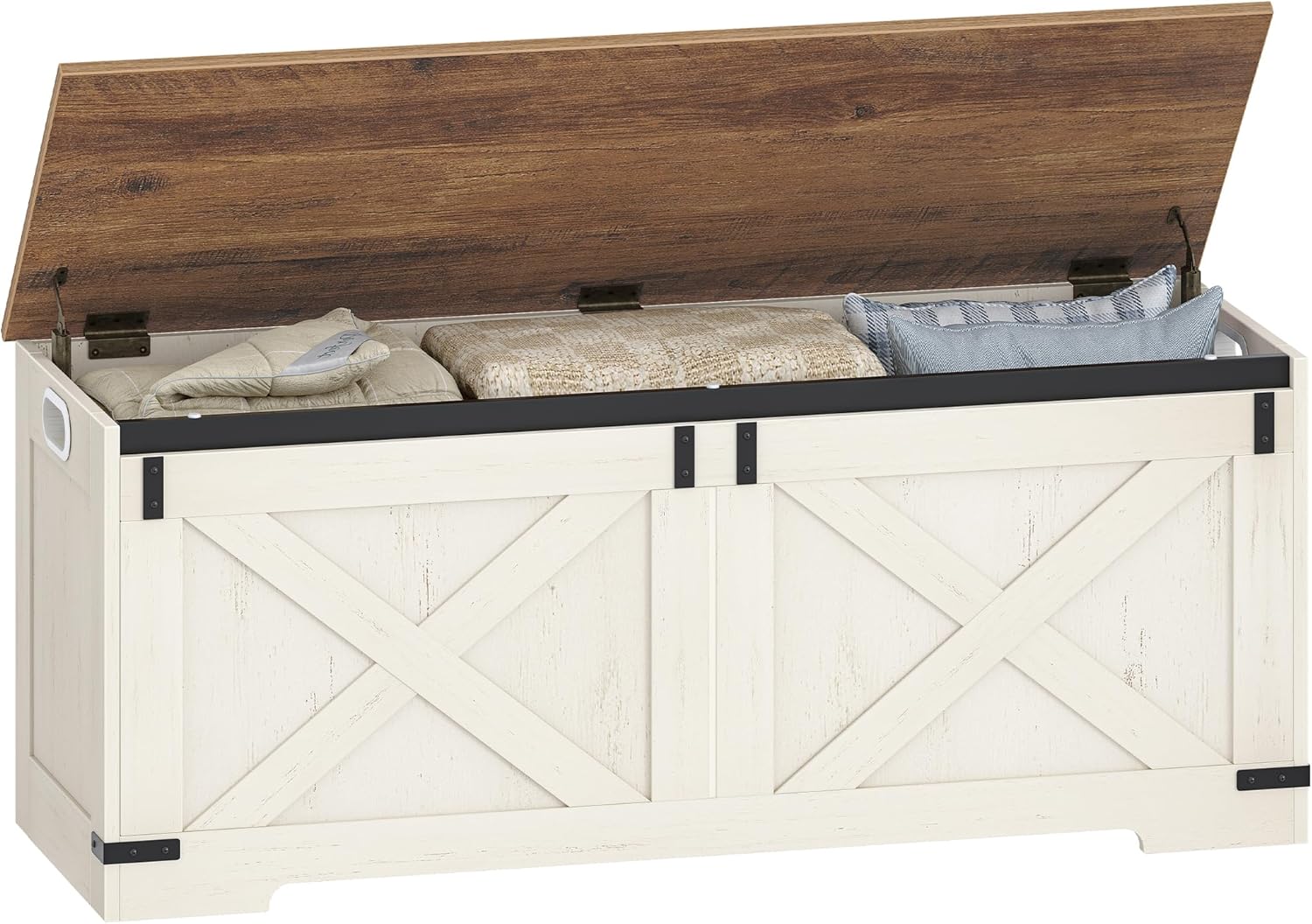 47.2" Storage Chest, Large Storage Trunk with 2 Hinges, Farmhouse Wooden Box Bench, Lift-Top Organizer Chest, Entryway Trunk for Bedroom, Living Room, White and Brown SB12114X