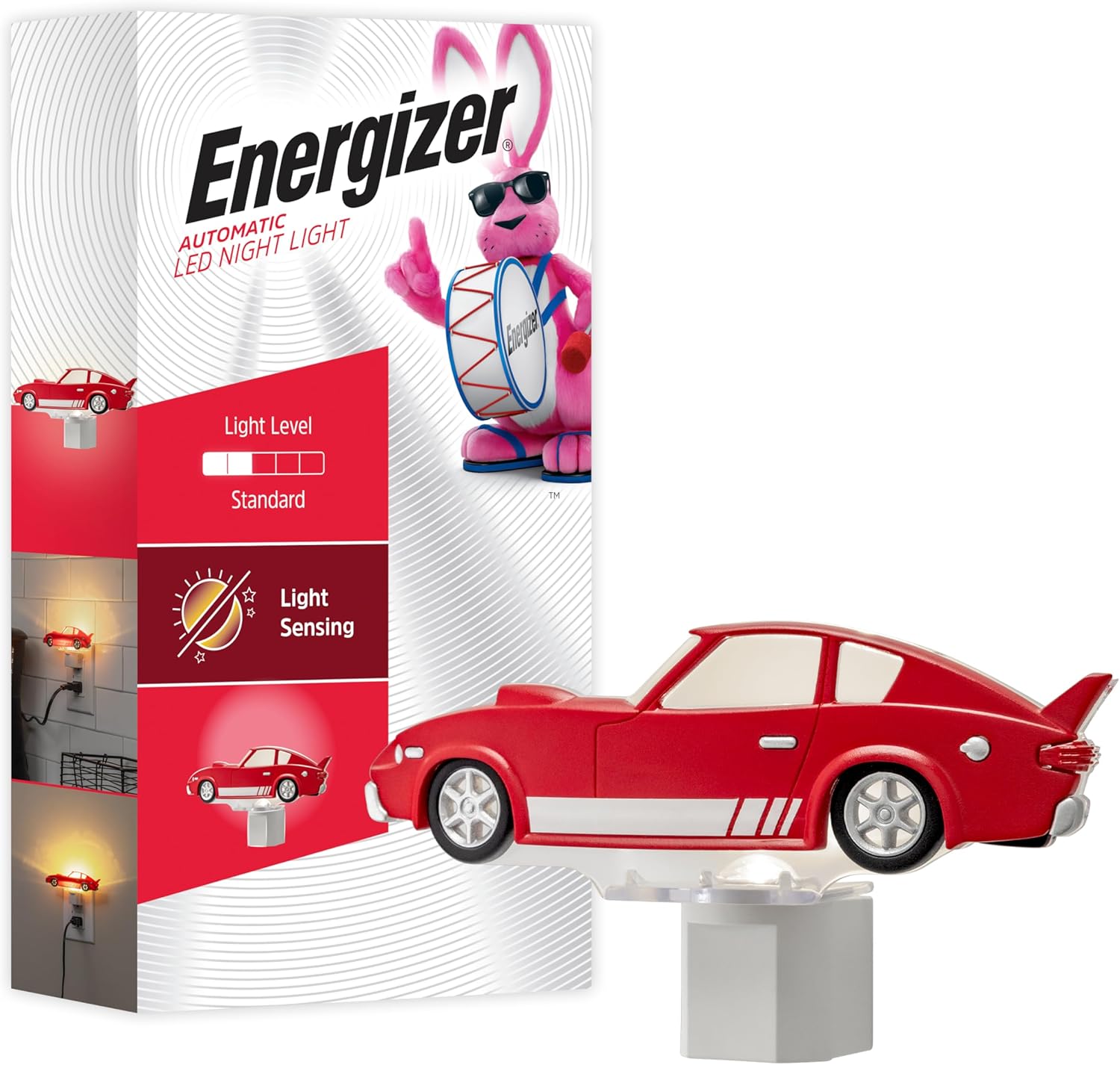Energizer Race Car Night Light, Light Sensing, LED, Soft White, 3000K, Red, Nightlight for Bedroom, Bathroom, Nursery, Hallway, Kitchen, 1pk, 82404