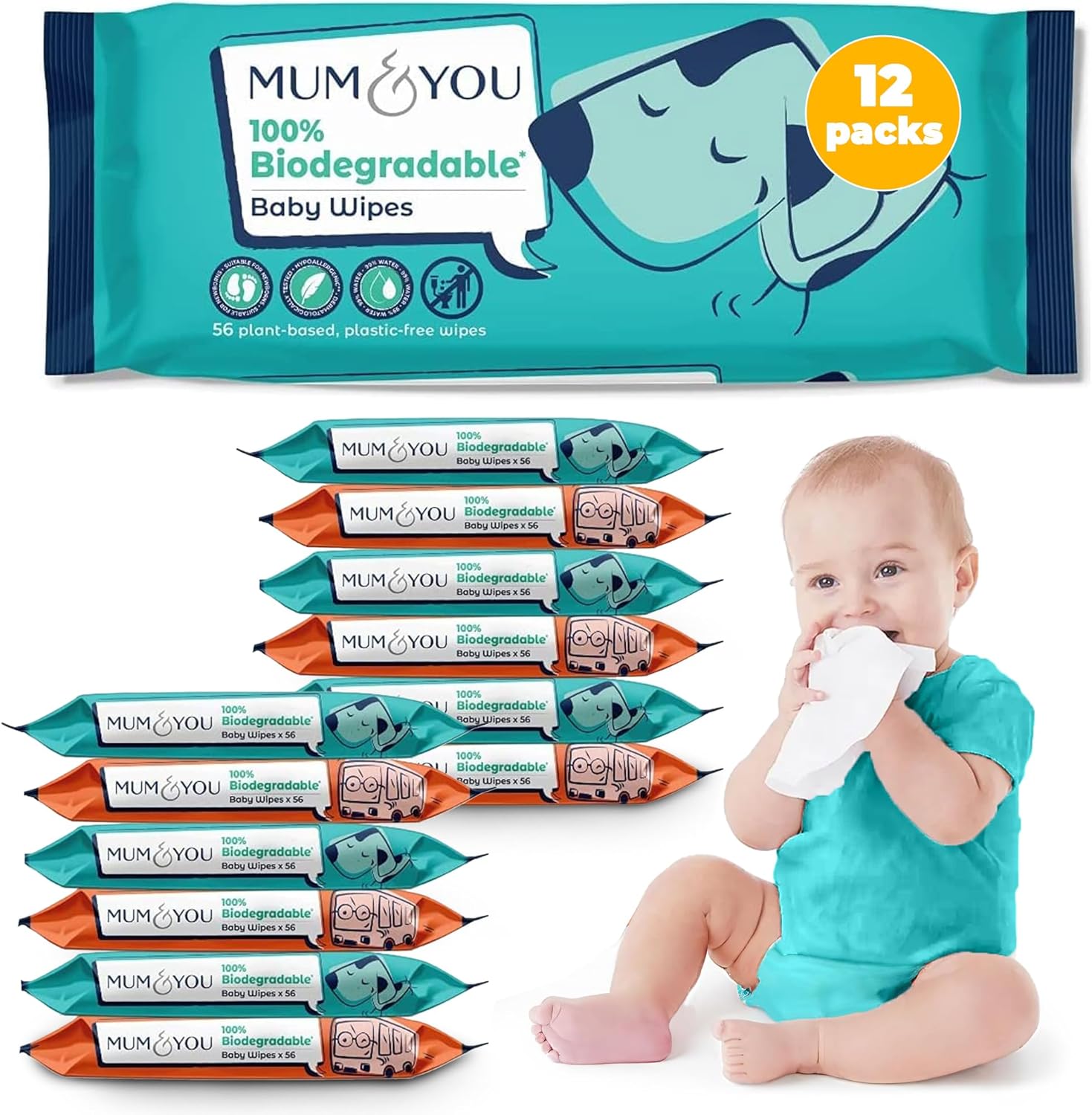 M&Y Mum & You Biodegradable Baby Wipes Multipack - 672 Baby Wipes (12 x 56) Bulk | 99.4% Water Wipes, Hypoallergenic Wet Wipes, Fragrance Free Eco-Friendly, Ultra Soft for Sensitive Newborn Baby Skin