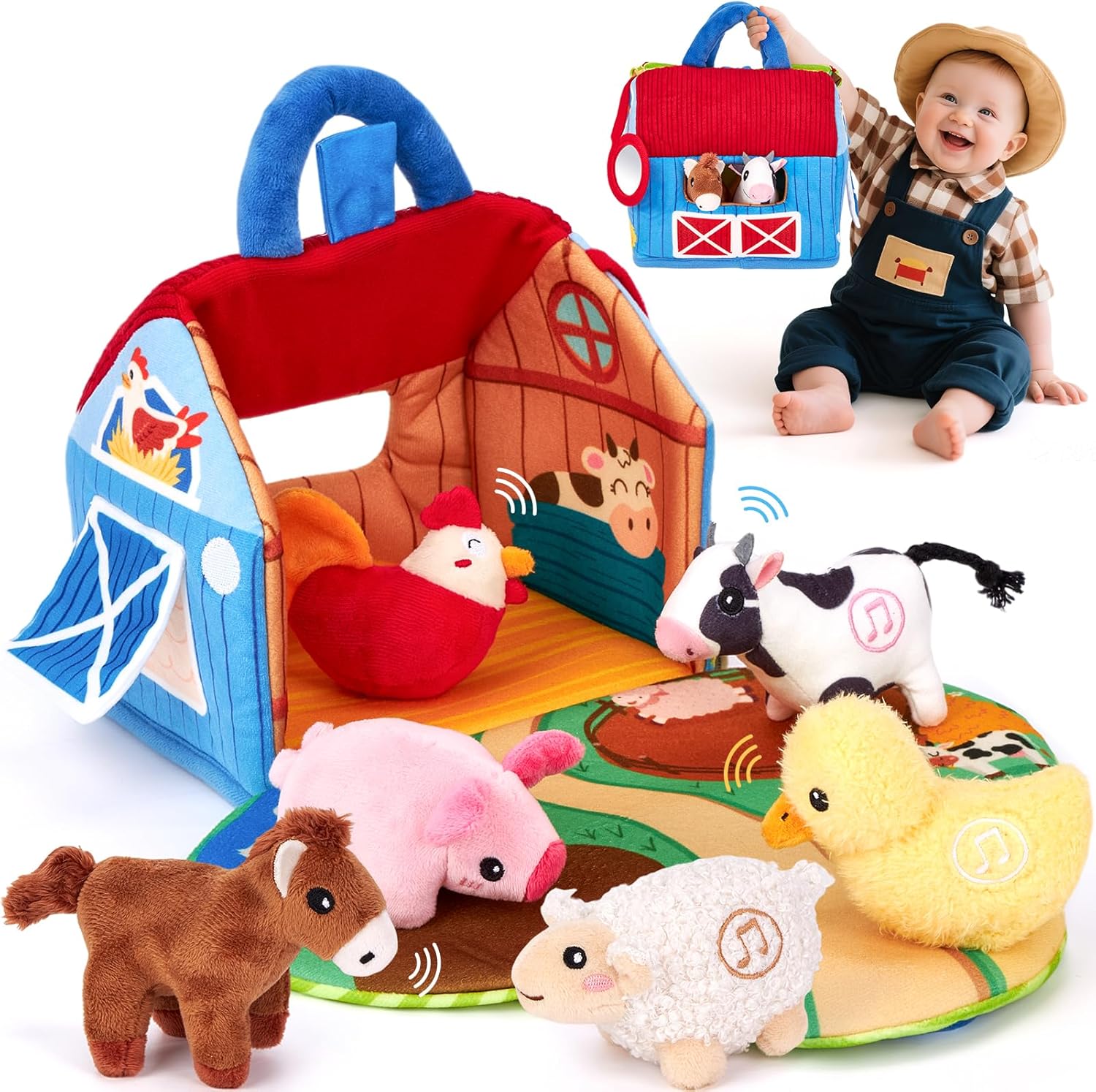 hahaland Baby Toys 6-12 Months,Plush Farm Animal Sound Toys, Interactive Baby Sensory Toy Barn Set with Crinkle, Mirror, Montessori Early Learning Toys for 1 Year Old, Travel Toys Gifts for Boys Girls