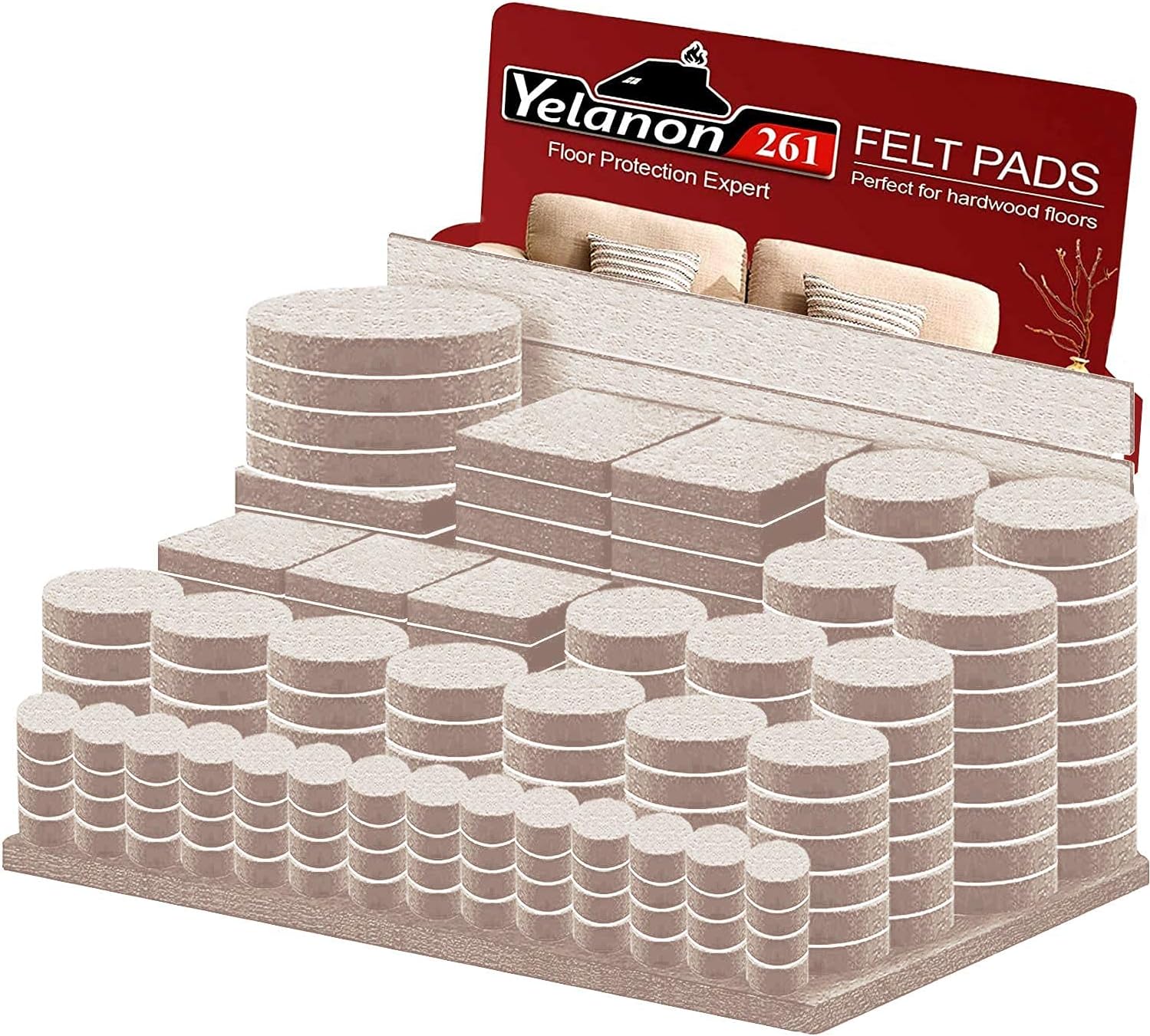 Yelanon Felt Furniture Pads 261 Pcs Furniture Pads Self Adhesive, Felt Chair Pads, Anti Scratch Floor Protectors for Furniture Feet Chair Legs, Furniture Felt Pads for Hardwoods Floors, Beige
