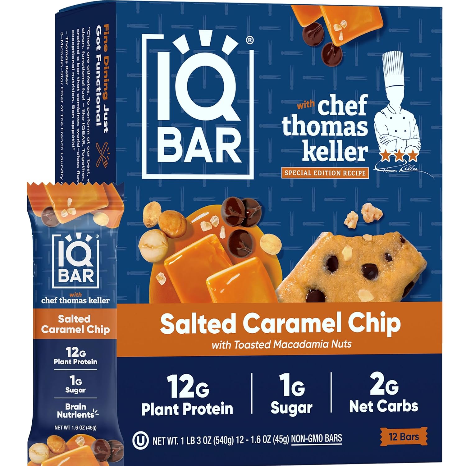 IQBAR x Chef Thomas Keller - Brain and Body Plant Protein Bars - Salted Caramel Chip - 12-Count, Low Carb, High Fiber, Gluten Free, Vegan Snacks - Low Sugar High Protein - Low Calorie Keto Energy Bars