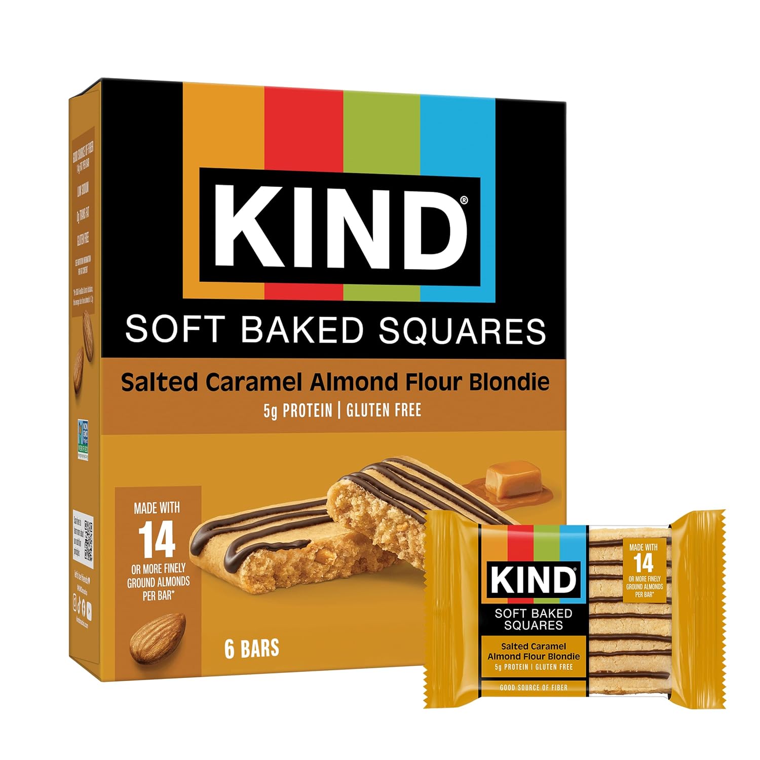 KIND Soft Baked Squares, Salted Caramel Almond Flour Blondie, Gluten Free, Healthy Snack Bars, 5g Protein, 6 Count