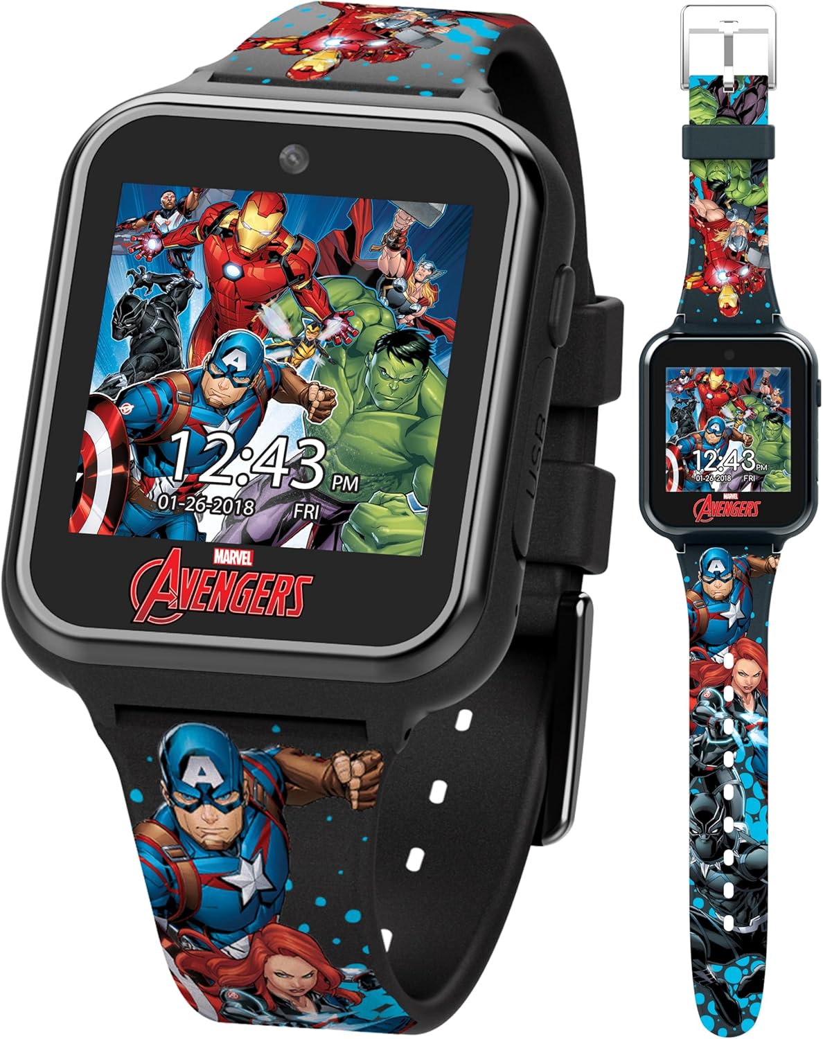 Marvel Avengers Interactive Kids Smartwatch – Touchscreen Watch with Games, Camera, Voice Recorder, Step Tracker, Timer & Alarm – 10 Watch Faces, USB Rechargeable – Fits Wrists 5.5" to 8"