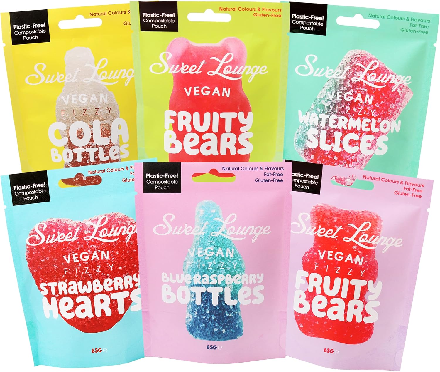 Vegan Gummy Sweets – Taster Bundle 6 x 65g by Sweet Lounge | Plant-Based, Gelatine-Free, Plastic-Free Packaging | Eco Fruity Mix