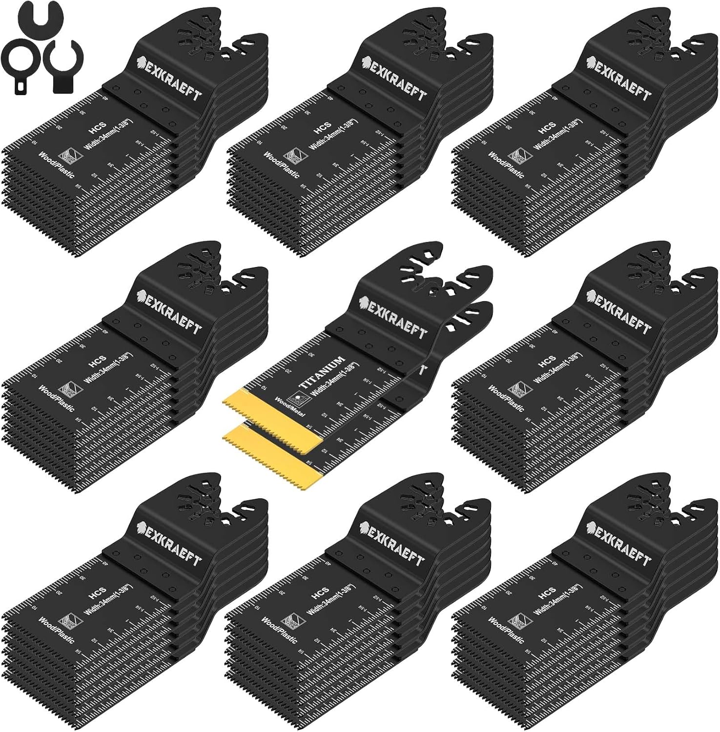 EXKRAEFT 50 PCS Multi Tool Blade, Professional Universal Titanium Oscillating Saw Blades for Metal Nails, Wood and Plastic, Multi Tool Accessories Fit Dewalt Milwaukee Ryobi Rockwell Fein