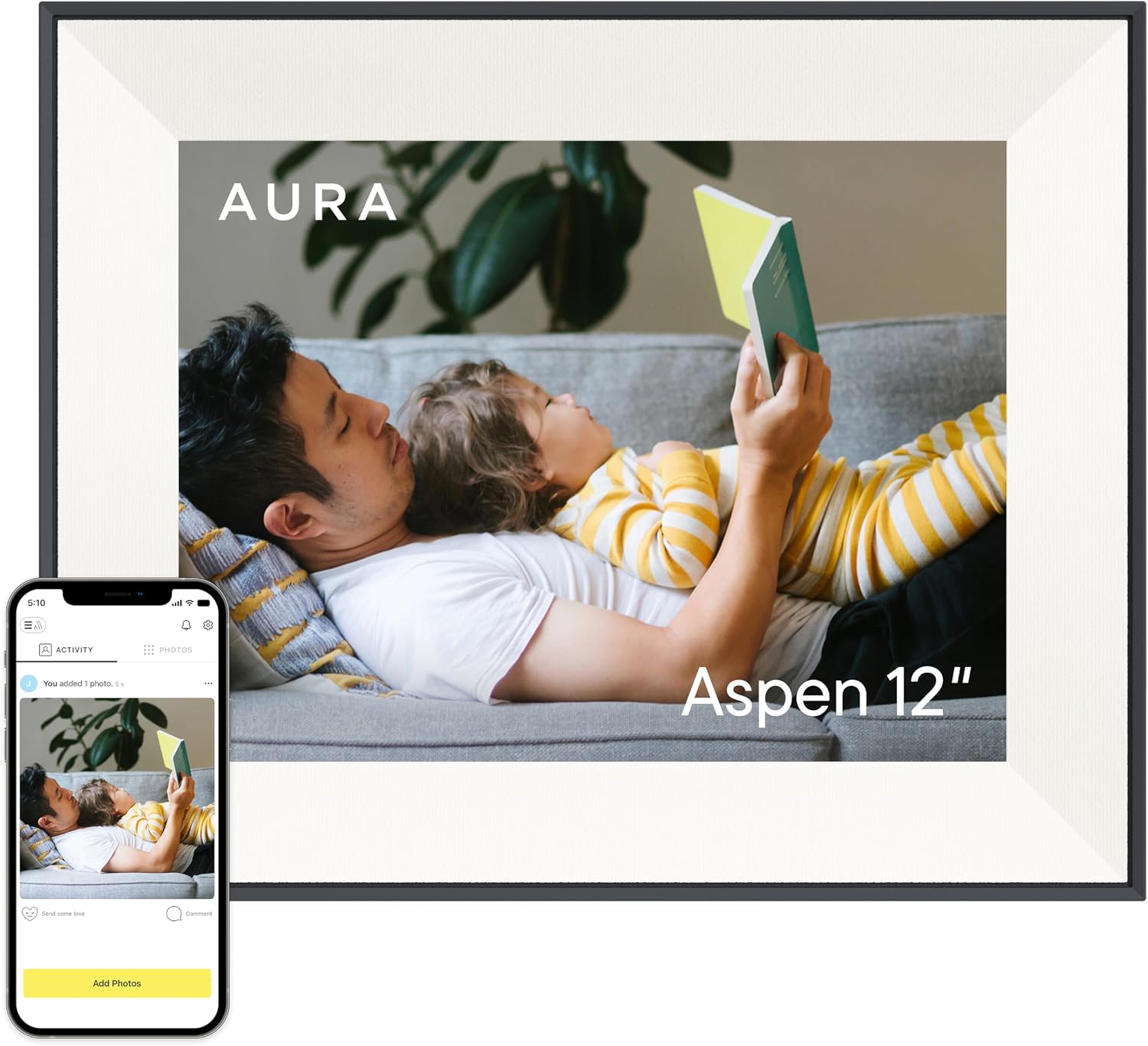 Aura Digital HD Picture Frame, Best Frame for Gifting, (12" - Aspen Black Mat)