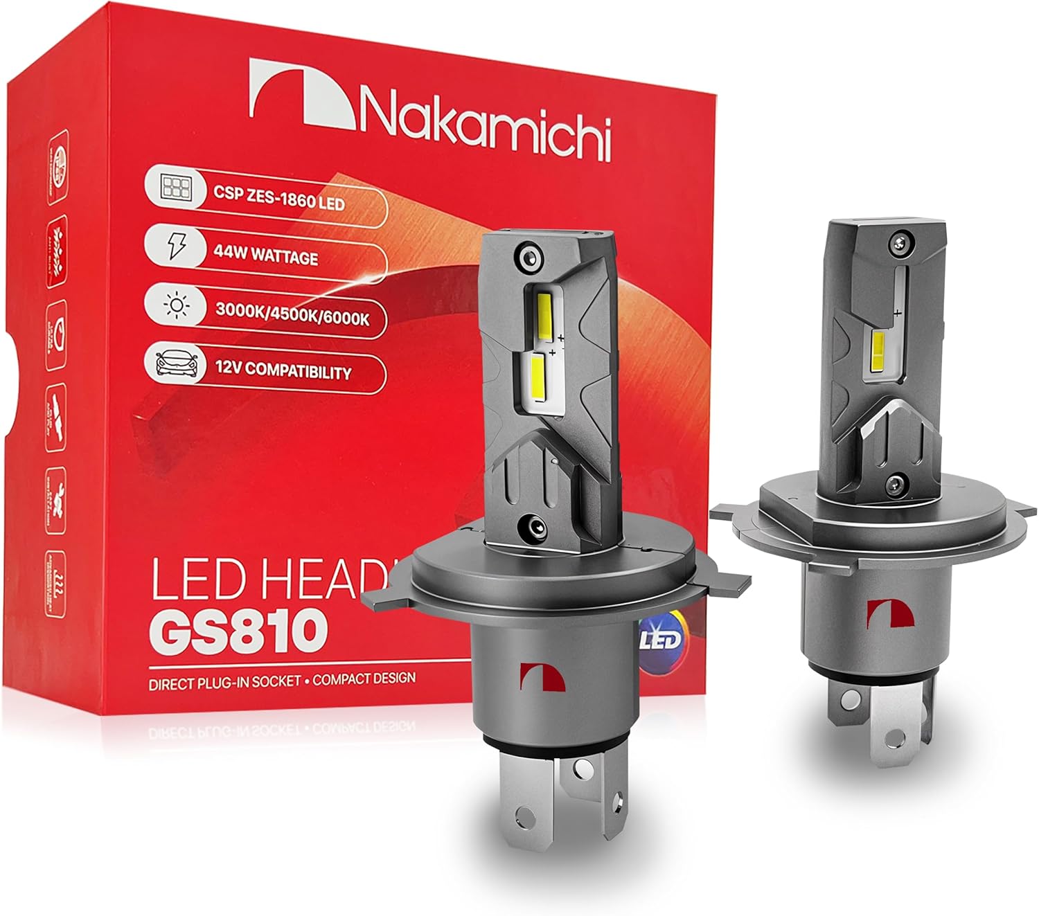 Nakamichi GS810 Series H4 LED Headlight Foglight Light Bulbs for Replacement, 12,000 Lumens 44W Per Set, Daylight White, Plug and Play, 1:1 Beam, Pack of 2, 6000K, H4 (HB2 9003)