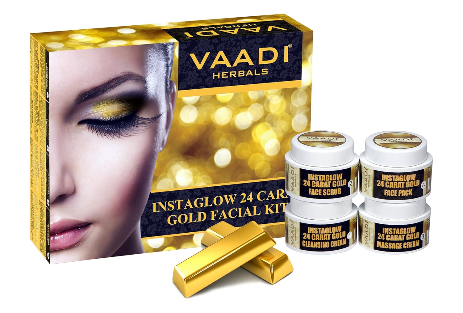 Facial Kit - Gold Facial Kit with 24 Carat Gold Leaves, Marigold & Wheatgerm Oil, Lemon Peel Extract - ★ ALL Natural - ★ Suitable for All Skin ★ Unisex ★ 70 Grams - Vaadi Herbals