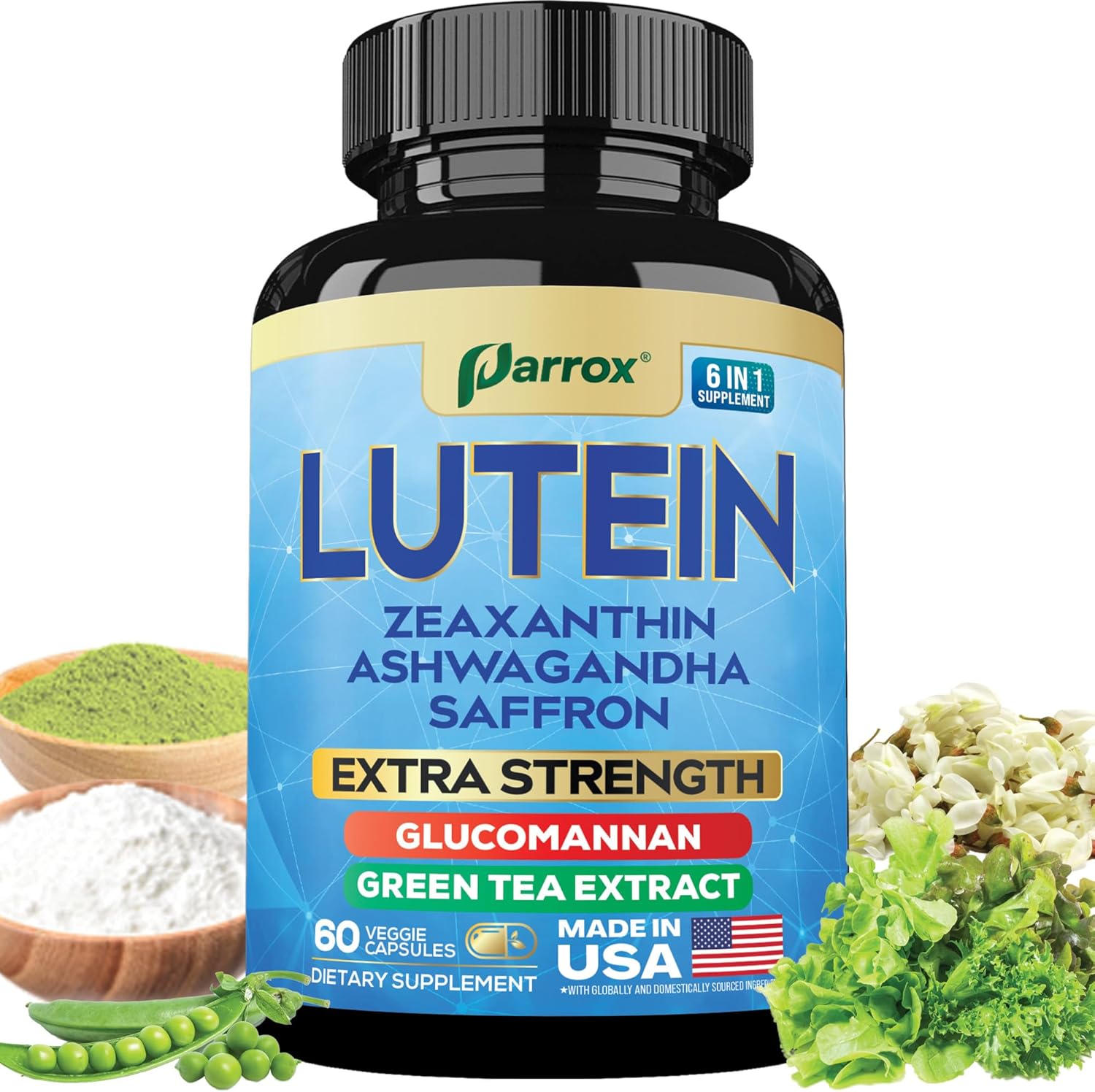 Lutein Supplement with Zeaxanthin, Ashwagandha, Saffron, Green Tea Extract, Glucomannan, Eye Vitamins for Adults, Vision Health Supplement, Plant-Based Formula for Daily Support (60 Caps)