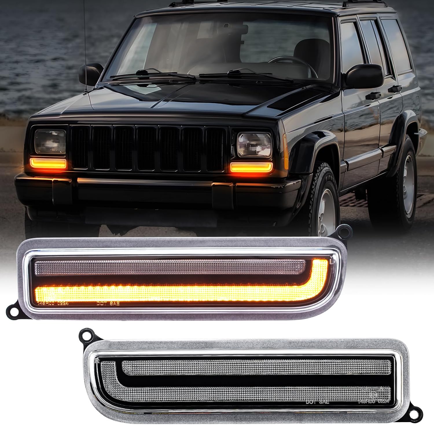 Front Turn Signal Corner Marker Lights Compatible with Cherokee XJ 1997-2001 Yellow Dynamic Sequential LED as Turn Signal Lights,White as Daytime Running Lights Clear Lens
