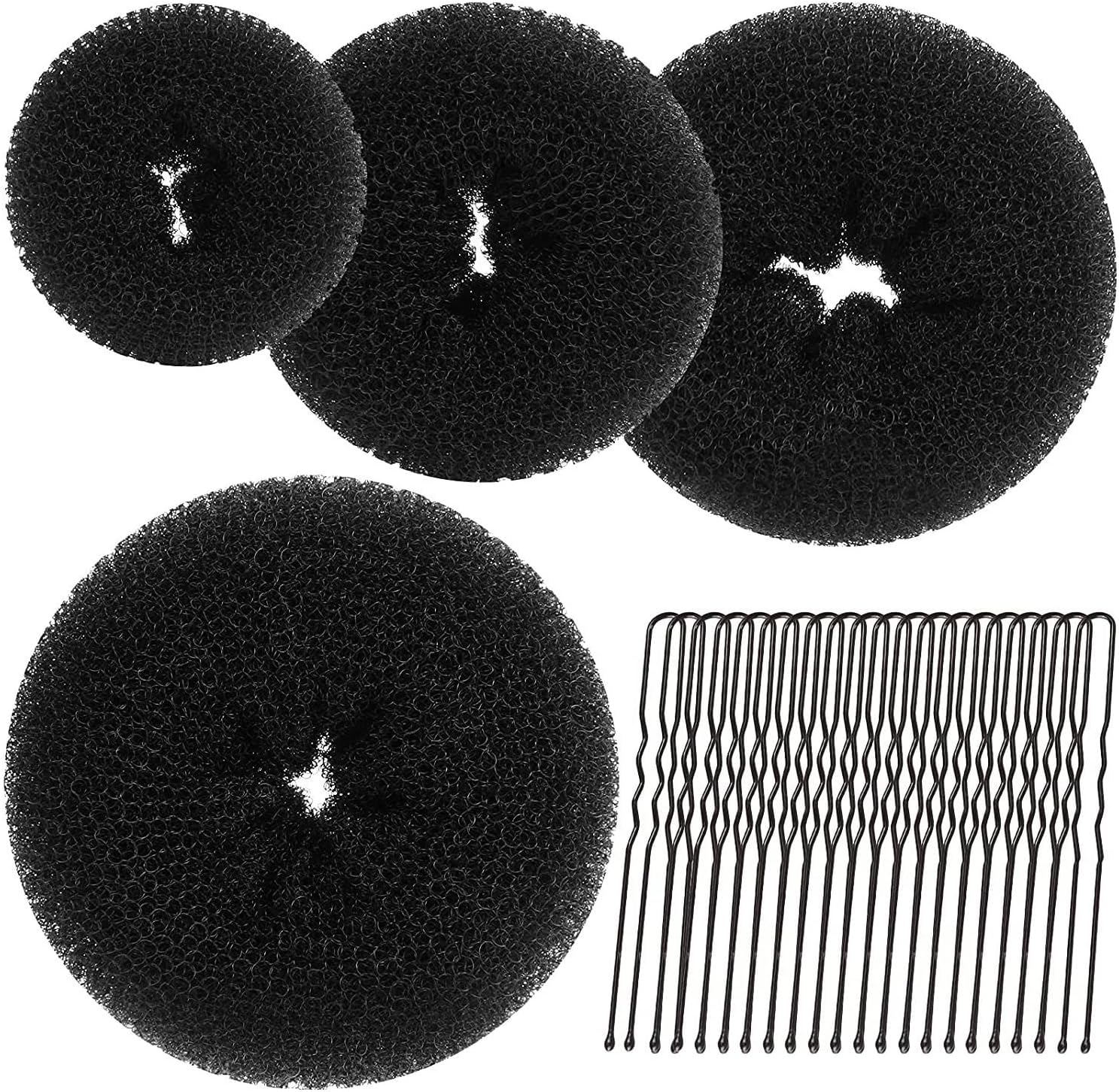 Daryunk 24pcs Hair Donuts for Buns, Hair Bun Styling Tool, 4-Piece Headband with 20 Clips Set, Suitable for Girls, Dancers, Black