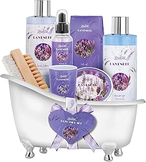 Relaxing Lavender Spa Bath Gift Baskets for Women-Girls, Christmas, Birthday, Bath and Body Set-Kit Includes Candle, Essential Oil, Body Scrub, Bath Salt, Body Lotion, Shower Gel and Body Scrub Brush