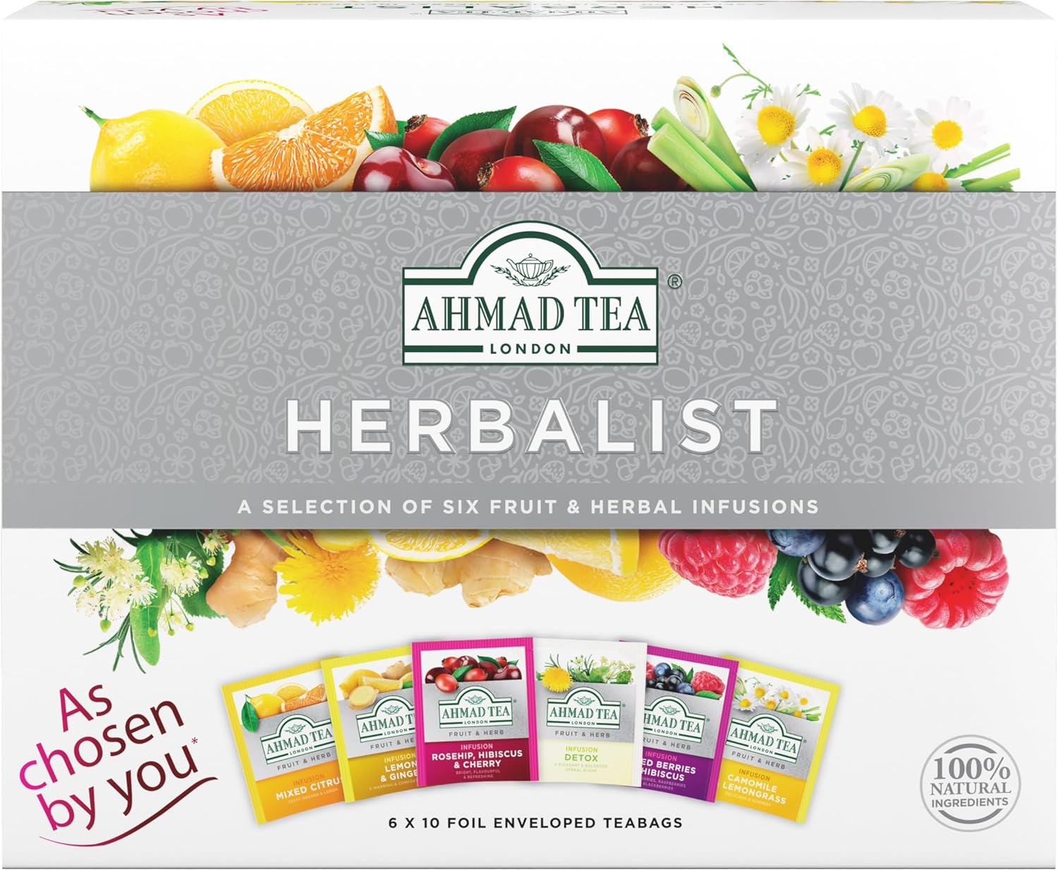 Ahmad Tea Selection Pack - Fruit and Herbal Infusions Gift Set | 60 Teabag Sachets in 6 Flavours