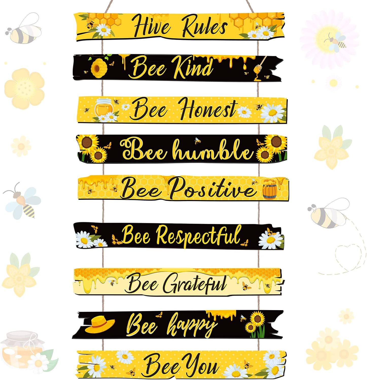 Jetec Bee Decor Plaque Gift Bee Sign Hive Rules Wall Decor Christmas Daisy Ornament for Xmas Home Spring Daisy Sunflower Decorations for Living Room Kitchen(Black, Yellow)