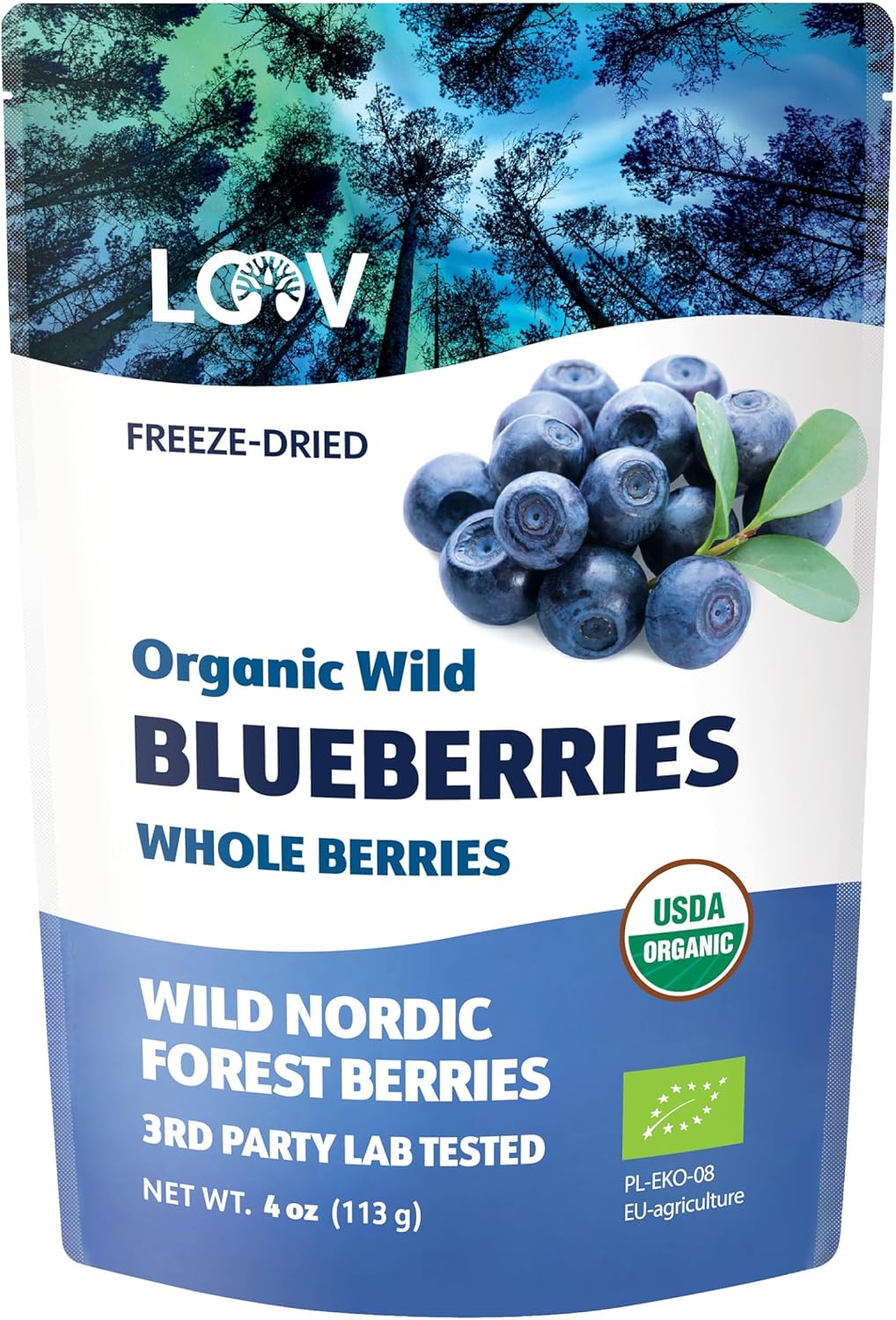LOOV Organic Freeze Dried Blueberries, Wild Blueberries From Nordic Forests, 100% Unsweetened Whole Fruit, Non-GMO, No Added Sugar, 113 Grams