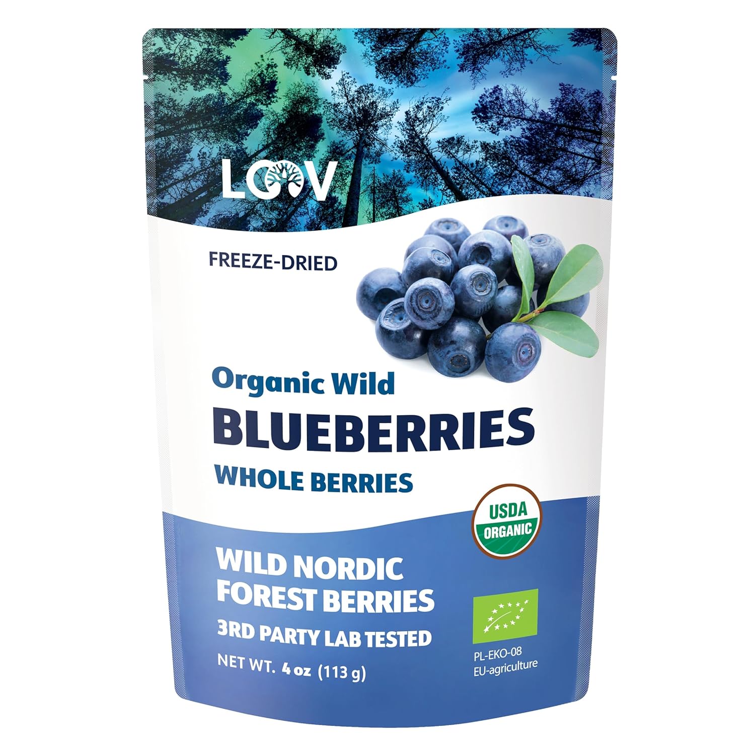 LOOV Wild Organic Dried Blueberries, No Added Sugar, No Added Oil, 4 Ounces, Freeze Dried Blueberries Organic From Nordic Forests, 100% Whole Fruit Wild Blueberries, Non-GMO, Unsweetened Dried Fruit