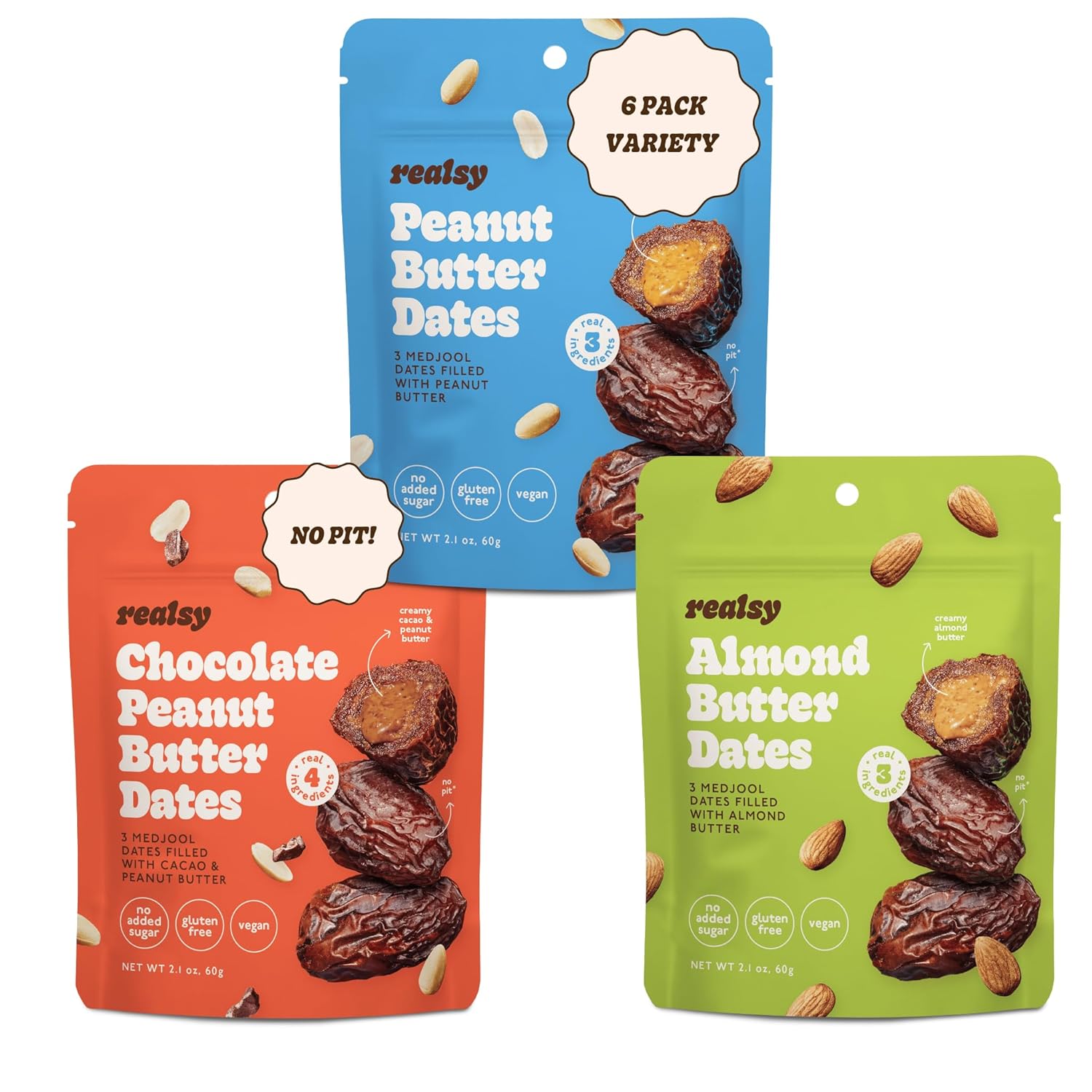 Realsy Pitted & Stuffed Medjool Dates, Organic Dates with No Sugar Added, Gluten-Free, Vegan, Good Source of Fiber, Low Glycemic Index, All Natural Healthy Snack (Variety 6 Pack)