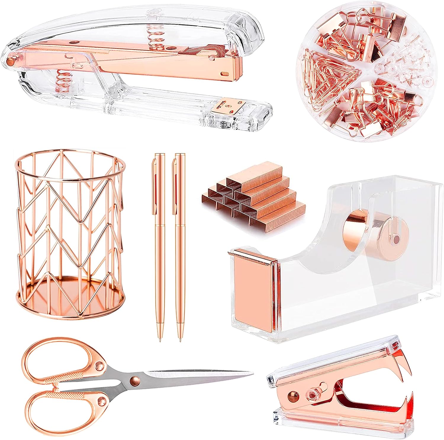 Famassi Rose Gold Desk Accessories，Office Supplies Set Acrylic Stapler Set Staple Remover, Tape Holder, 2 Ballpoint Pen, Scissor, Binder/Paper Clips and 1000pcs Staples.