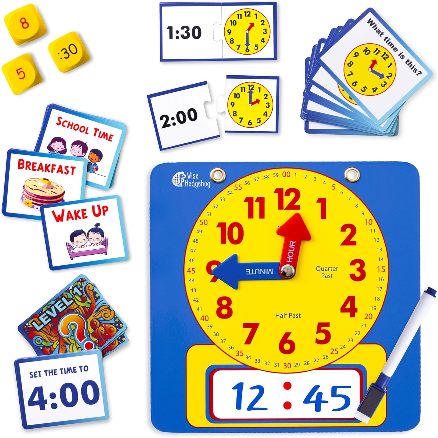 Kids Learning Time Activity Game Set, 53 Piece Set, Interactive Play, 4 Fun Time Based Games, Teaching Clock Kids Learn Time Fast, 3 Levels of Difficulty