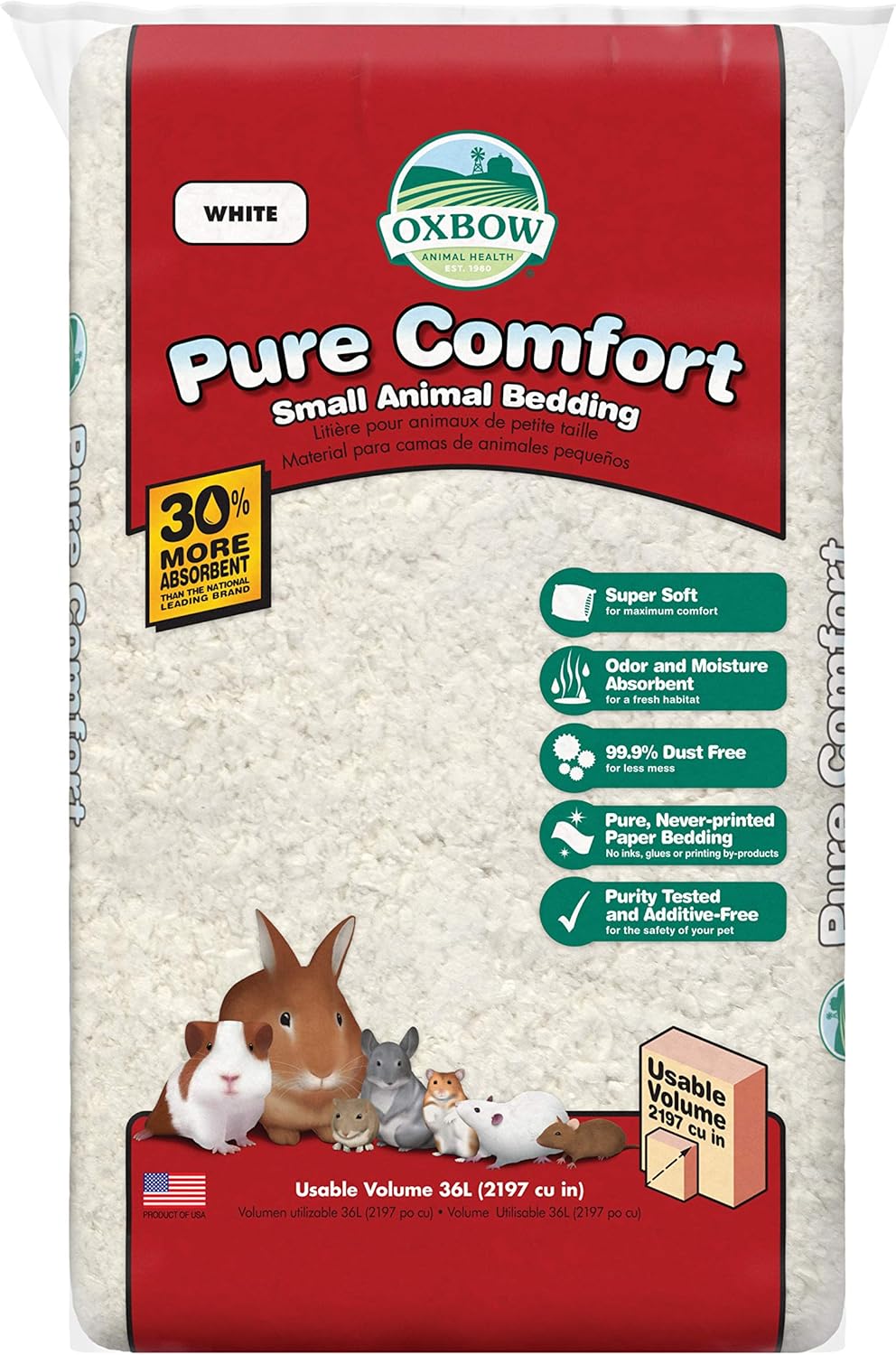 Oxbow Animal Health Pure Comfort Bedding, Rabbit, Hamster, & Guinea Pig Bedding, Bunny Supplies for Litter Box, Pet Safe, 99.9% Dust-Free, White Paper, 36 Liter Bag
