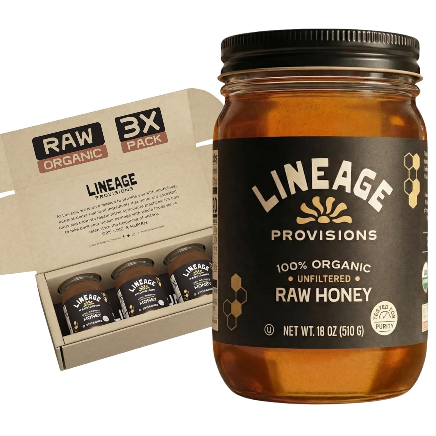 Lineage Provisions 100% Organic Raw Unfiltered Honey – 3-Pack (18 oz Glass Jars) – Undetectable Glyphosate, Chemical-Free, Gluten-Free & Non-GMO – Undergoes no heating, processing, straining, or additives – Hand-Harvested Pure Honey
