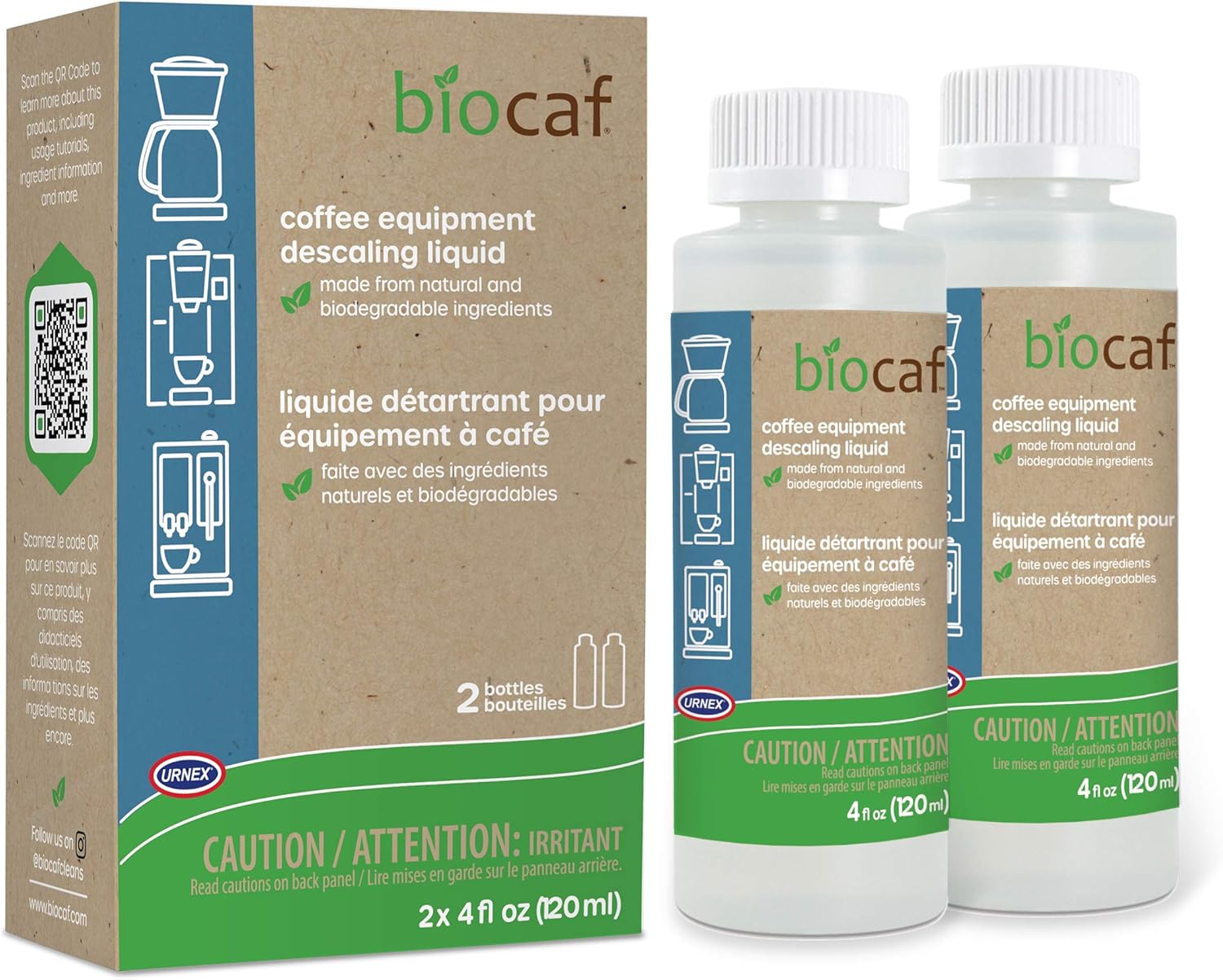Urnex Biocaf Espresso Descaling Solution 4 Ounce (2 Single Bottles) Safe to use with Keurig, Delonghi, Nespresso, Ninja, Hamilton Beach, Mr Coffee, Braun, 4 Fl Oz (Pack of 2)